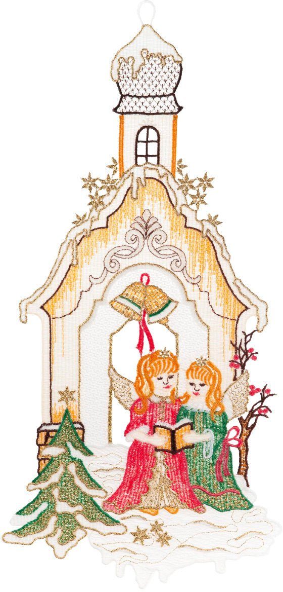 W. Reuter & Sohn - Plauener Spitze® Fensterbild Kapelle mit Engeln, Made in Germany