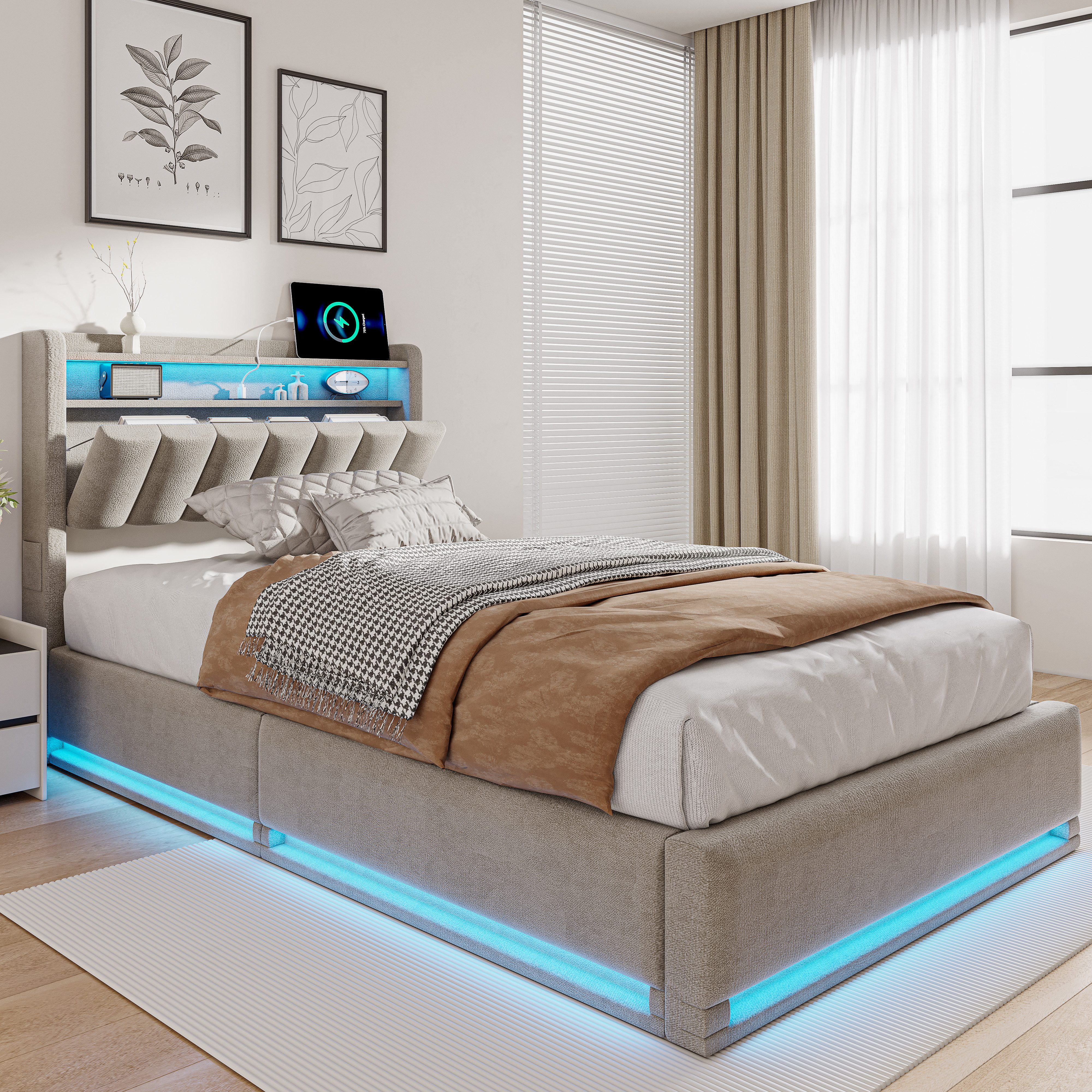 PXloue Polsterbett LED Doppelbett, Bettkasten, Ladefunktion, günstig online kaufen