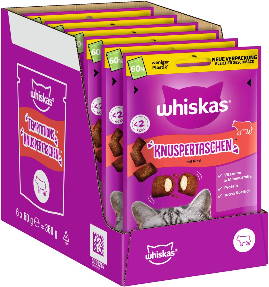 Whiskas WHISKAS® KNUSPERTASCHEN™ mit Rind 6 x 60g, Snack für: Katze