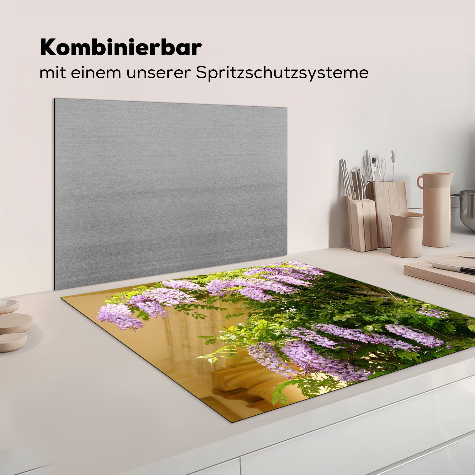 auf Ceranfeldabdeckung, Vinyl, tlg), küche MuchoWow für gelbem cm, Hintergrund, 78x78 Herdblende-/Abdeckplatte Regen Blauer (1 Arbeitsplatte