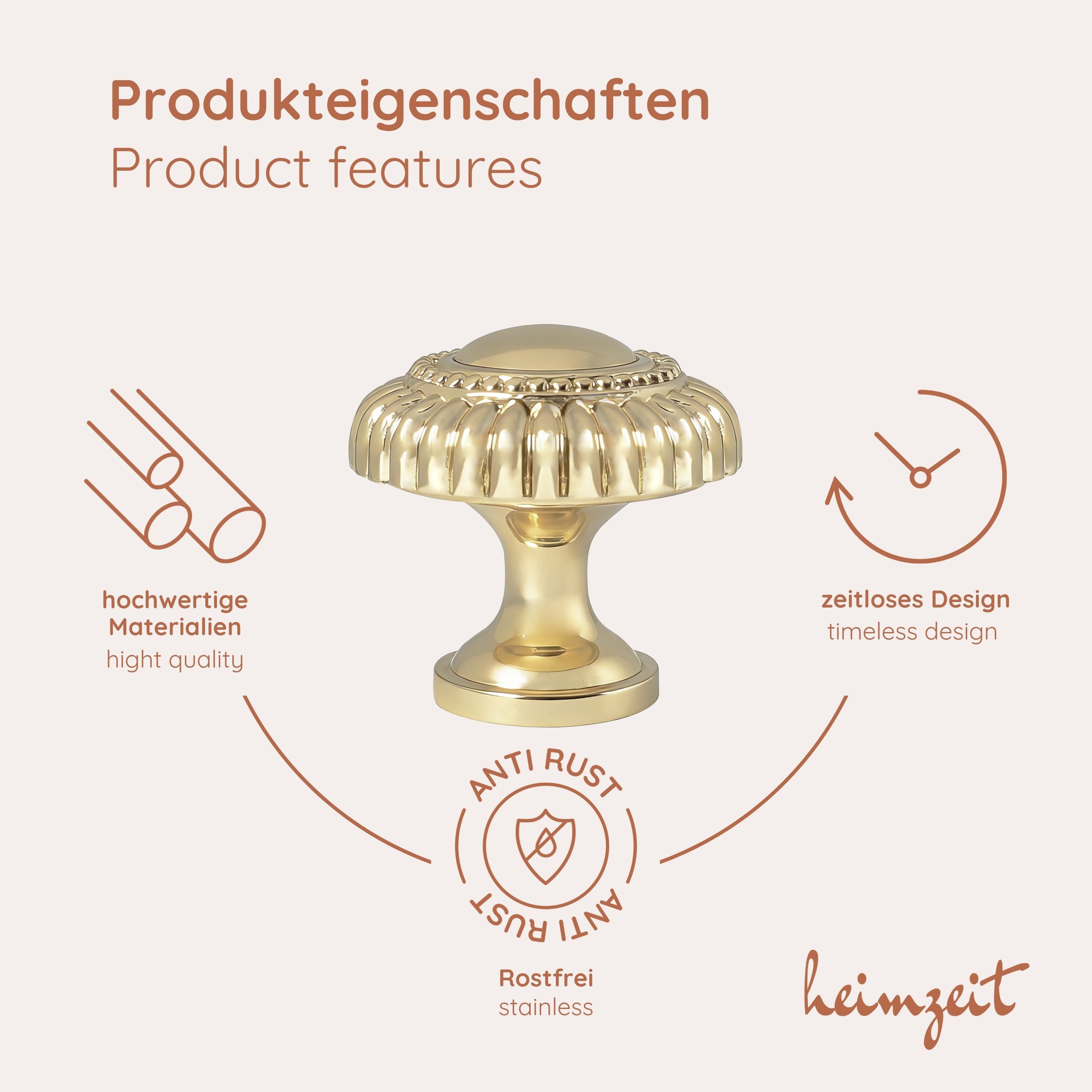 heimzeit Möbelgriff heimzeit Möbelknöpfe Classic - 8 Stück (Set), für Schubladen, Türen und Kommoden, inkl. Schraube