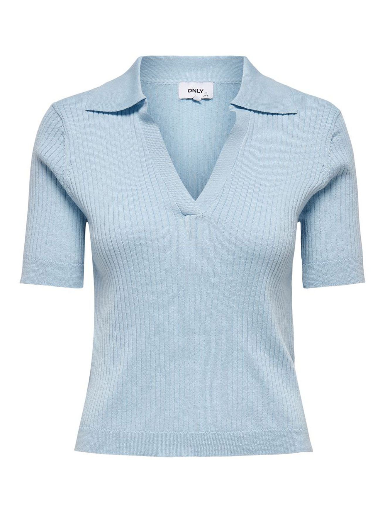Poloshirt Blau V-Ausschnitt 4015 (1-tlg) Kurzarm Geripptes T-Shirt ONLNIMONE T-Shirt in ONLY Einfarbiges