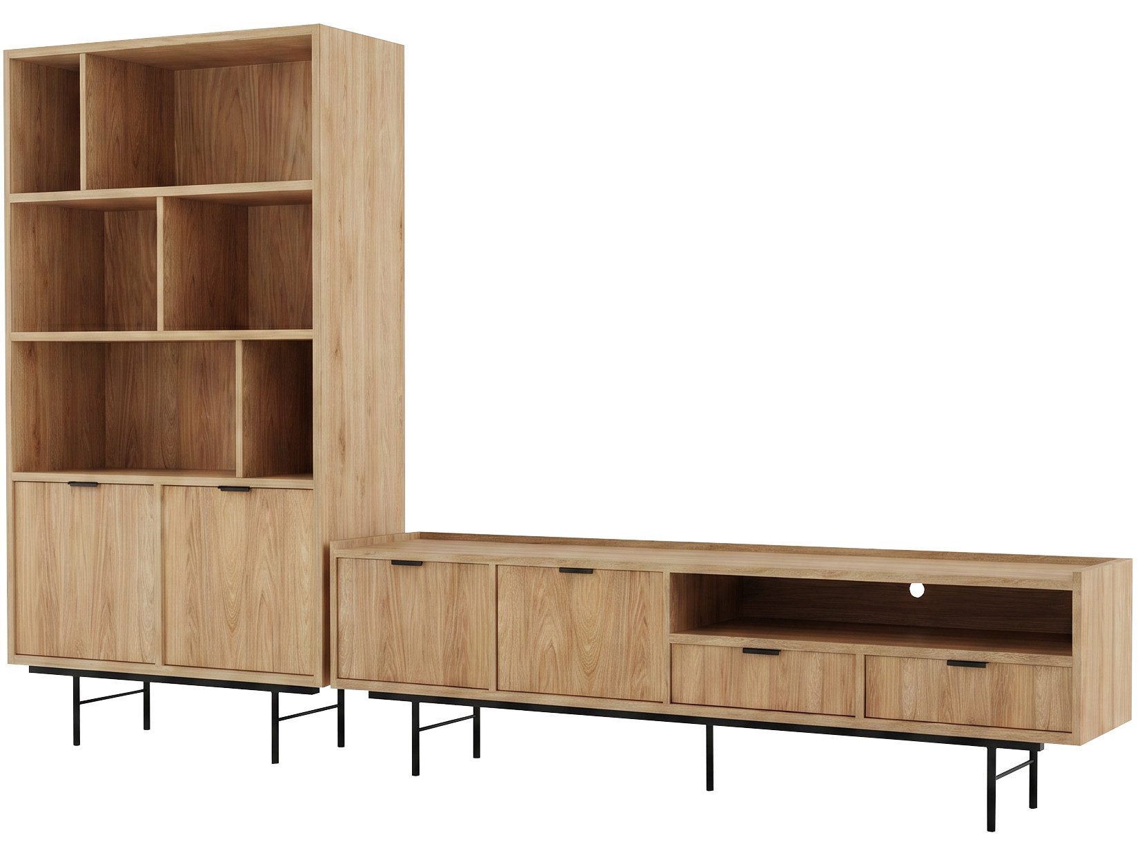 Beautysofa Wohnzimmer-Set Evron 2-teilig Bücherregal 90 cm + TV-Board 200 cm, (Lowboard mit Metallbeinen 20 cm, Schubladen, Türen und offenen Fächern), modernes – Bild 2 von 5