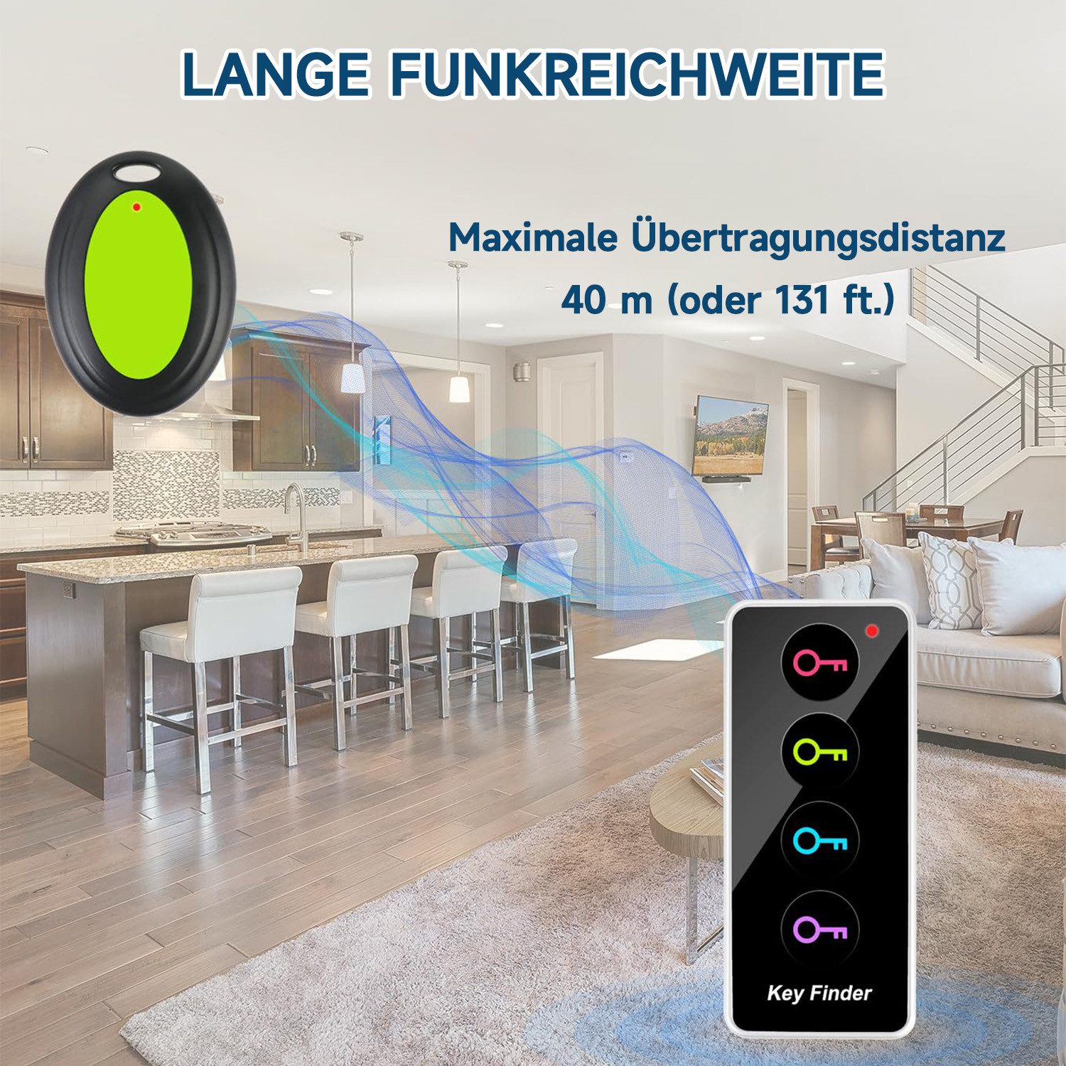 MOPUEA Schlüsselanhänger Key Finder, Wireless Key Tracking Locator mit LED-Leuchten (Schlüsselfinder Mit 30–40 m Reichweite Und 80 dB Signalton, 1-tlg., Kabelloser Schlüsselfinder Für Schlüssel Geldbörse Haustier Handy), 4er Set Schlüsselfinder Mit Funkempfänger Für Schlüssel Fernbedienung