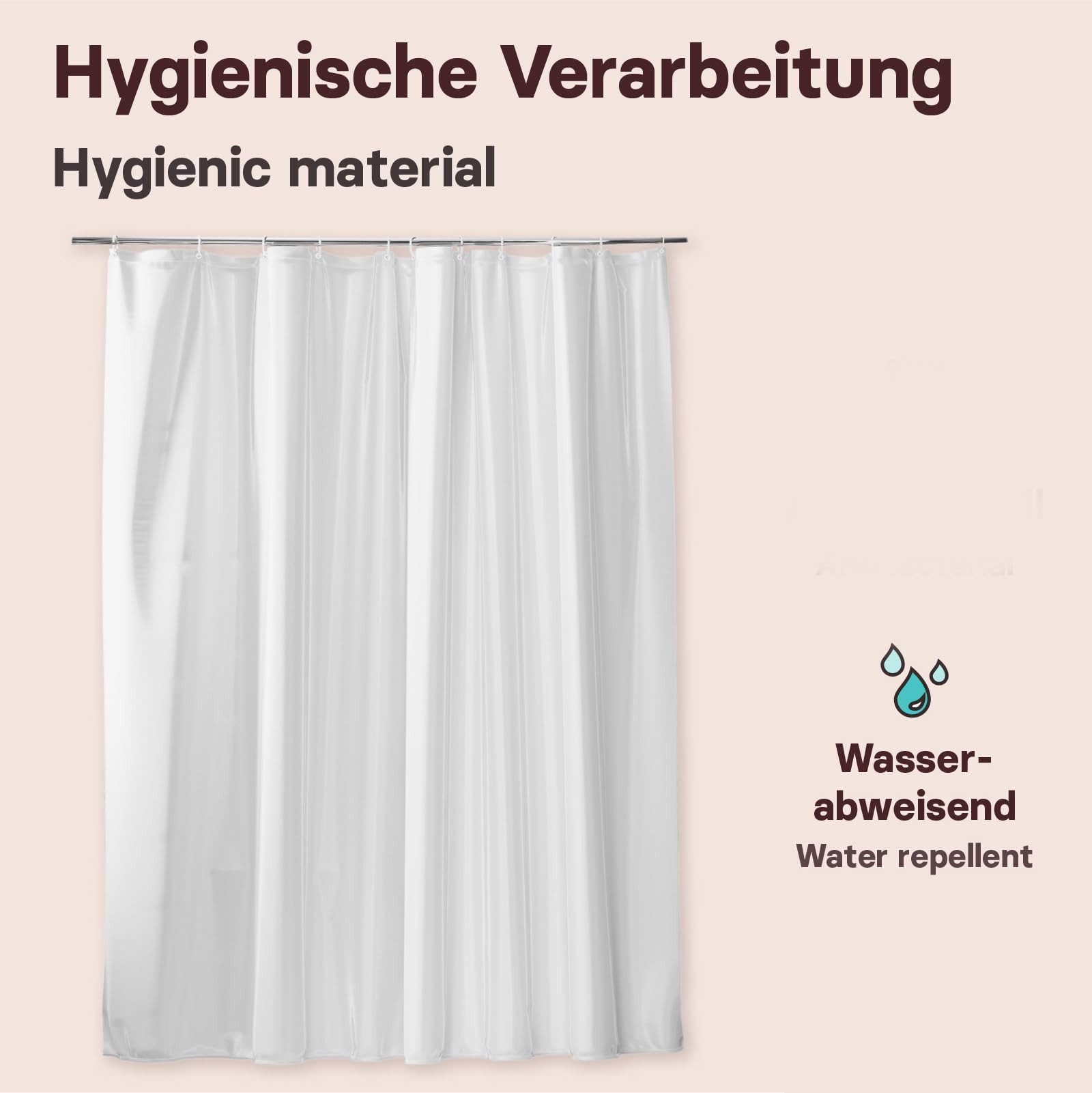 VALNEO Duschrollo Duschvorhang Anti-Schimmel 180x200 cm, Weiß, mit Ringen