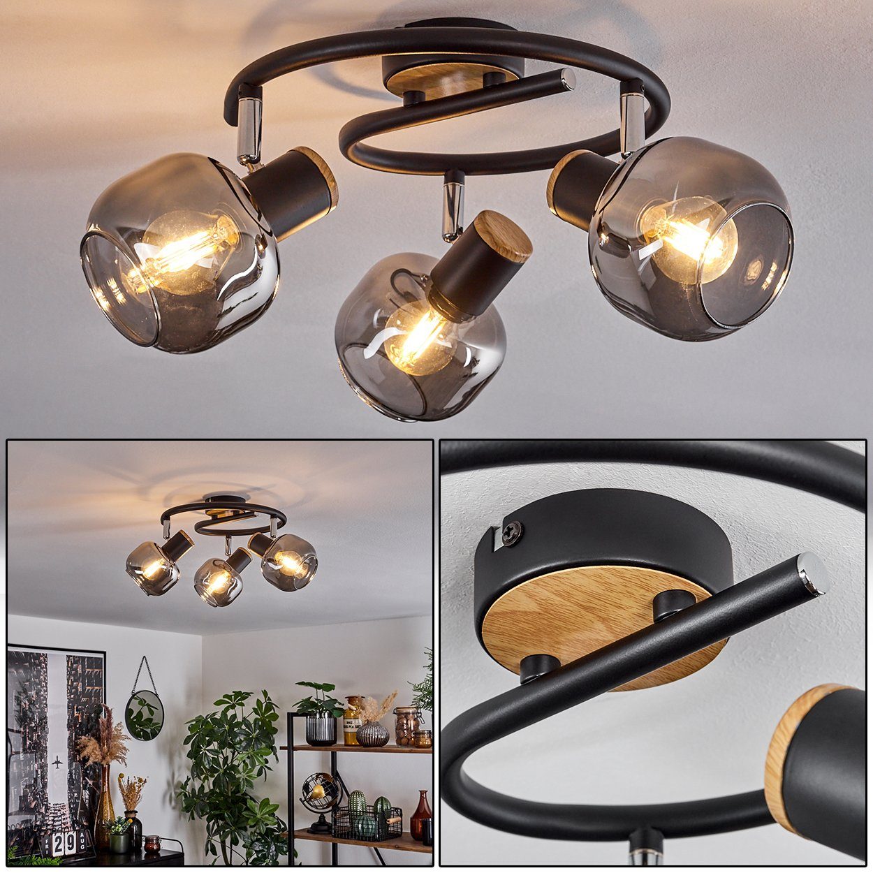 hofstein Deckenleuchte Deckenlampe Metall/MDF/Glas in Schwarz/Chrom/Holzopt günstig online kaufen