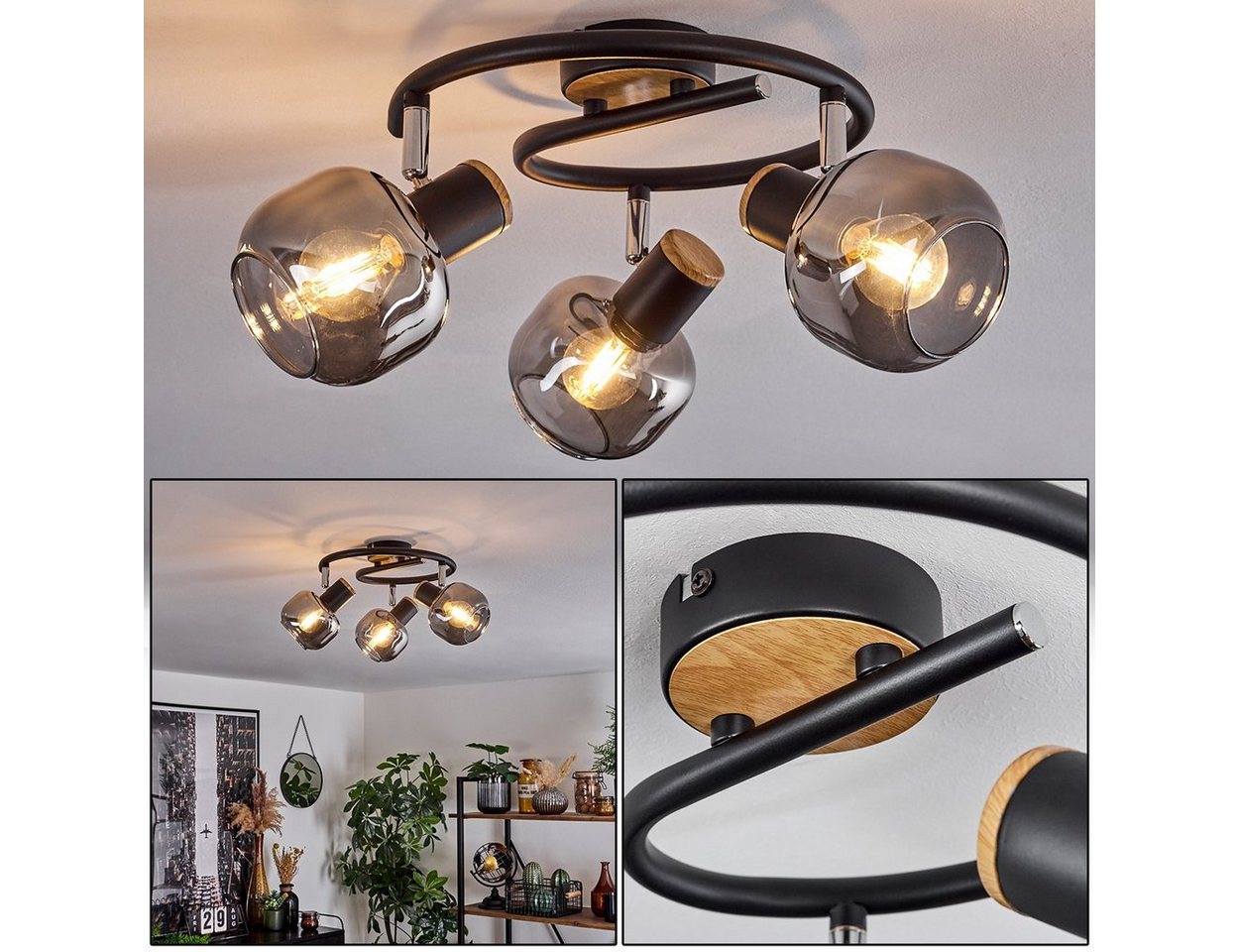 hofstein Deckenleuchte Deckenlampe Metall/MDF/Glas in Schwarz/Chrom/Holzoptik/Rauchfarben, ohne Leuchtmittel, Rondell im Retro/Vintage-Design m. verstellbaren Schirmen, 3x E27