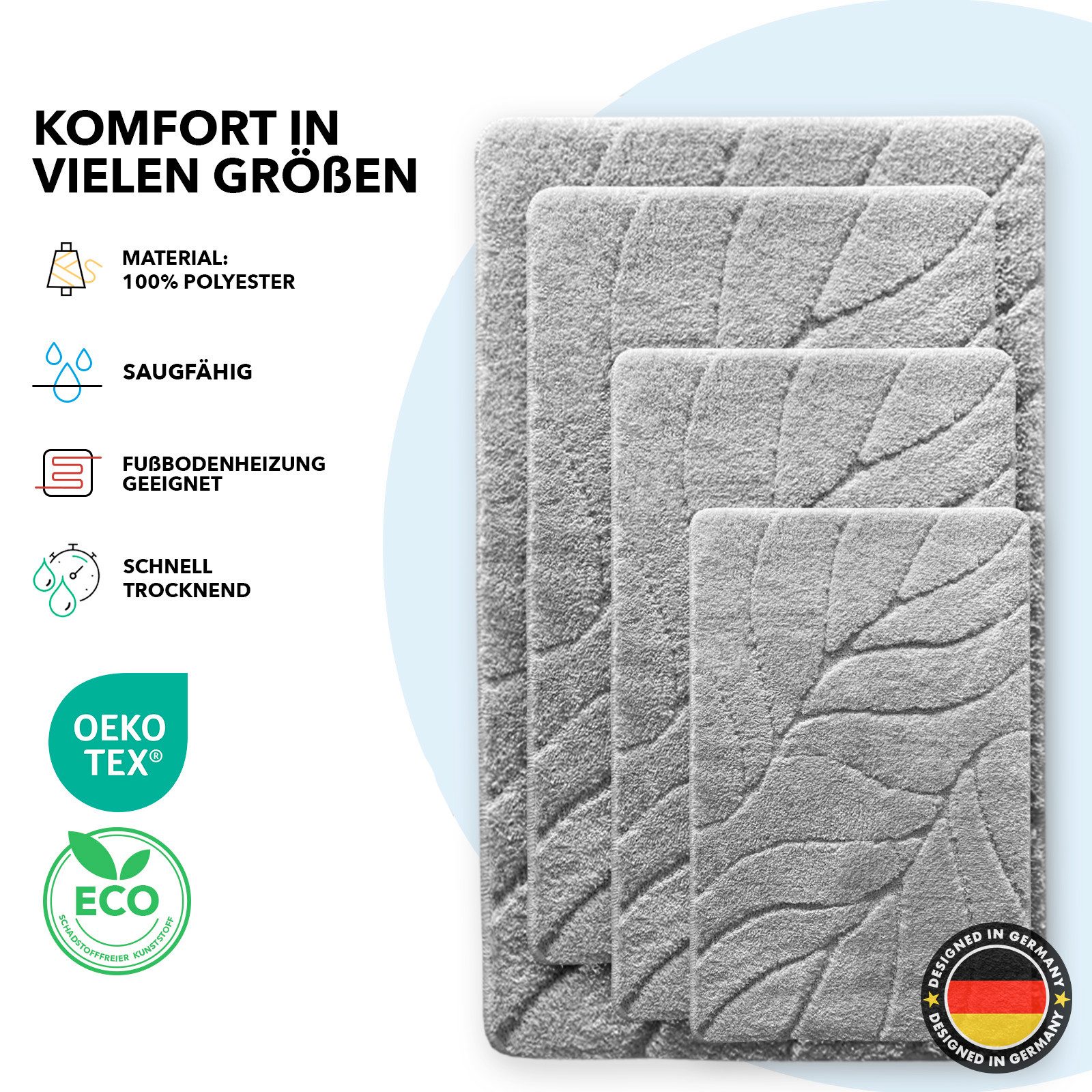 Floordirekt Badematte Maris – Flauschiger Badteppich, Blattstruktur, rutschfest & waschbar, rutschhemmend beschichtet, fußbodenheizungsgeeignet, schnell trocknend, Polyester, für Fußbodenheizung geeignet, dichter Flor, 40x60 cm, Silber