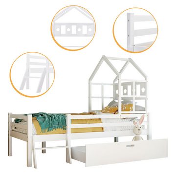Gotagee Kinderbett Hausbett Kinderbett mit Leiter Schubladen Einzelbett Hochbett 90x200cm