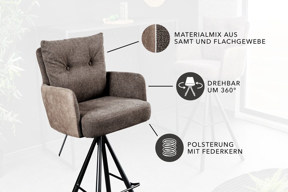 riess-ambiente Barhocker BIG GEORGE taupe/schwarz - Samt, drehbar, Metall-Beine, mit Armlehne (Einzelartikel, 1 St), mit Taschenfederkern & Fußablage – ideal fü – Bild 5 von 5