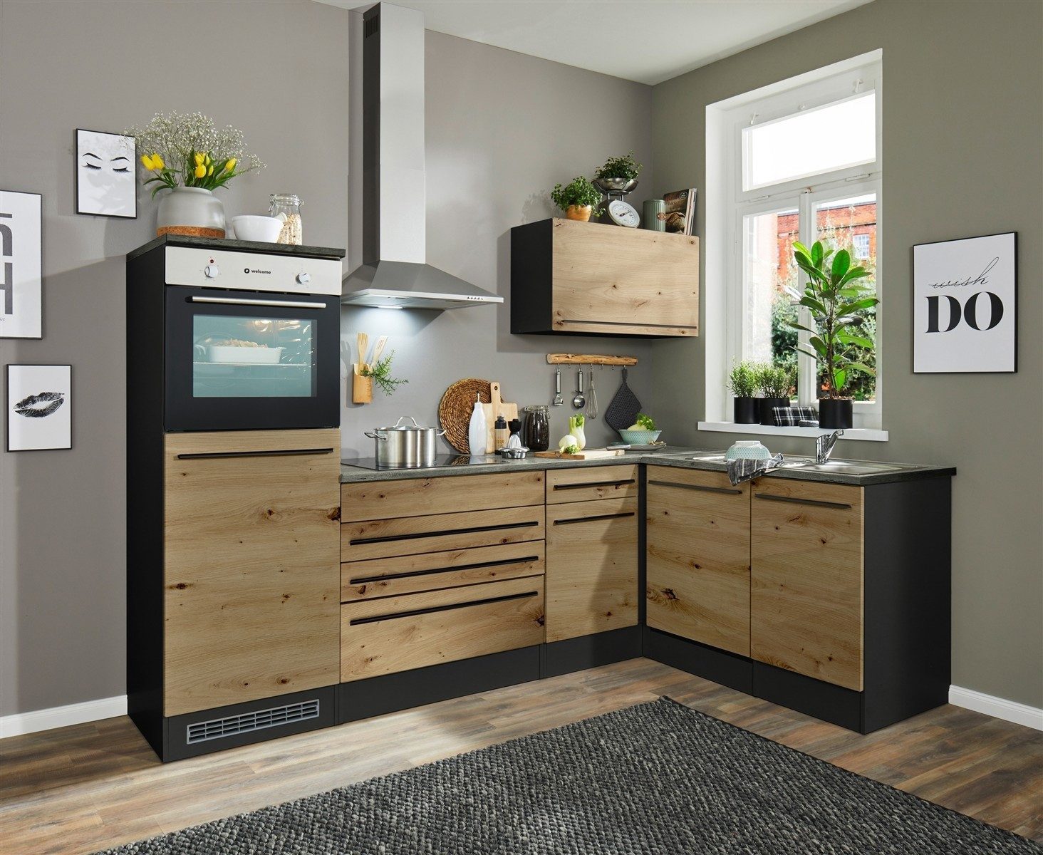 PREISBRECHER Winkelküche Jazz, anthrazit / Artisan Eiche Dekor - 260x200x60 (BxHxT)