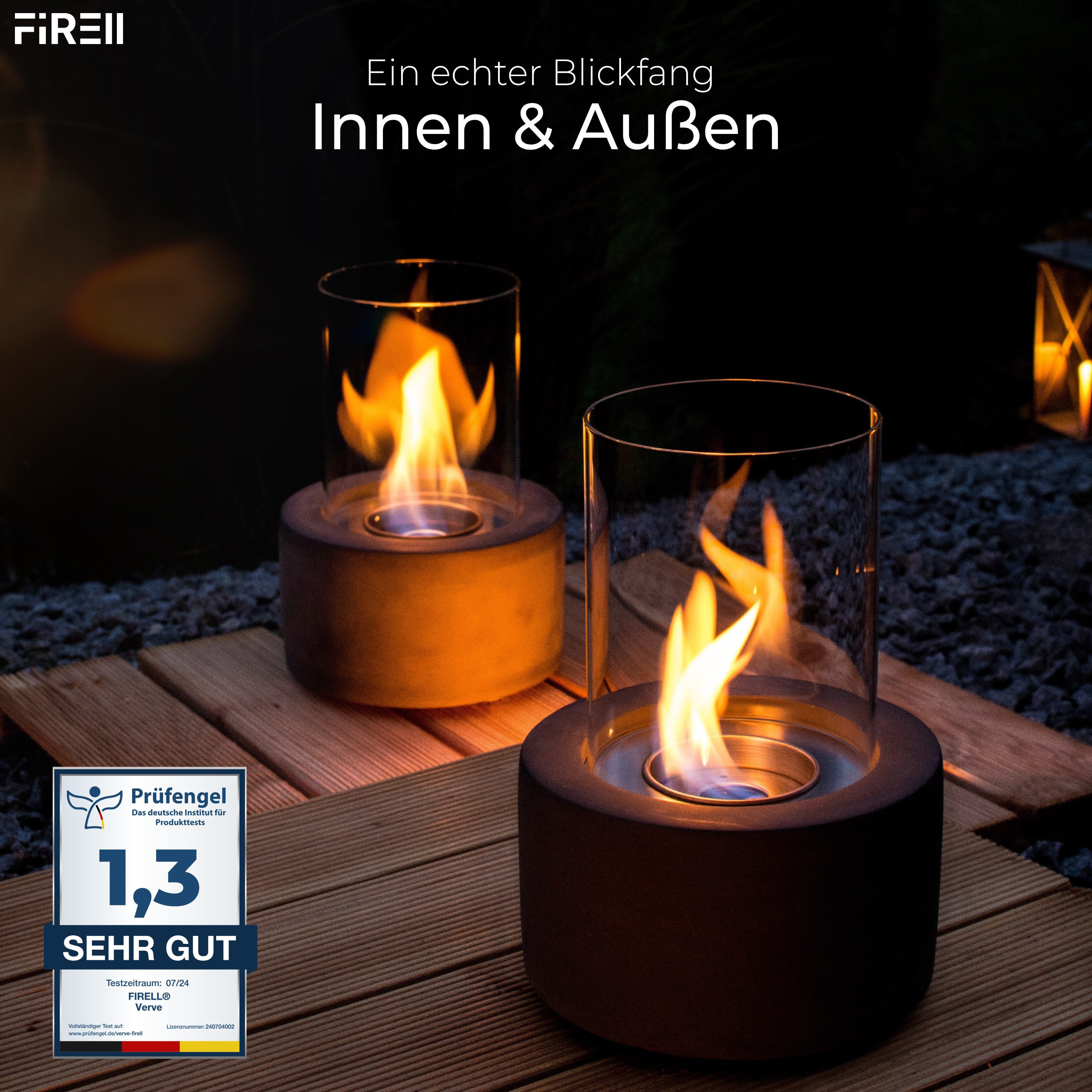 FIRELL Tischfeuer Ethanol Tischkamin Indoor & Outdoor Echtfeuer-Dekokamin (aus massivem Beton, Komplett-Set), Verstellbare Flamme, 3,2 kg Beton, 3h Brenndauer, TÜV Geprüft