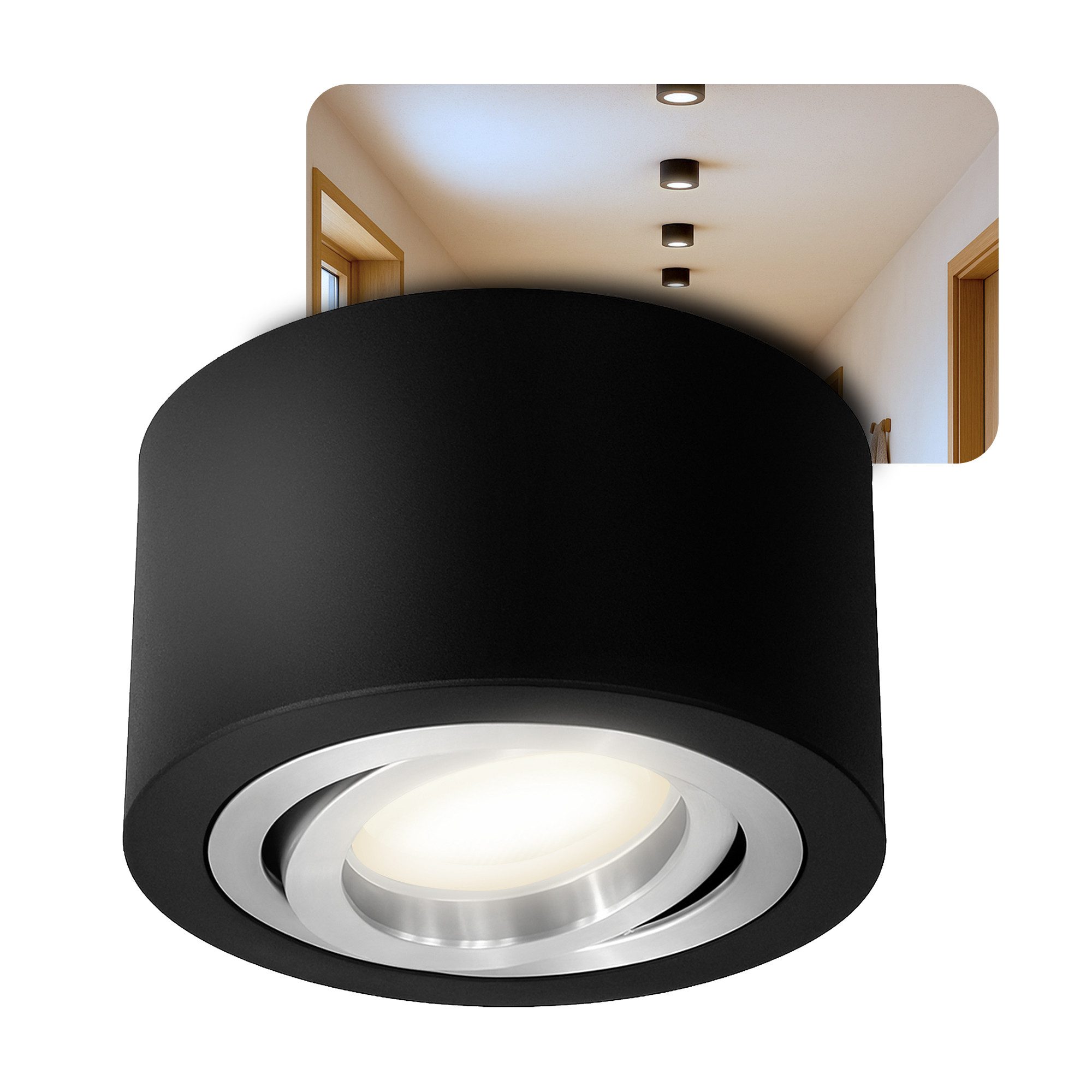 SSC-LUXon LED Aufbaustrahler LANTI Deckenspot rund schwarz schwenkbar mit LED Lampe 4W neutralweiß, Neutralweiß