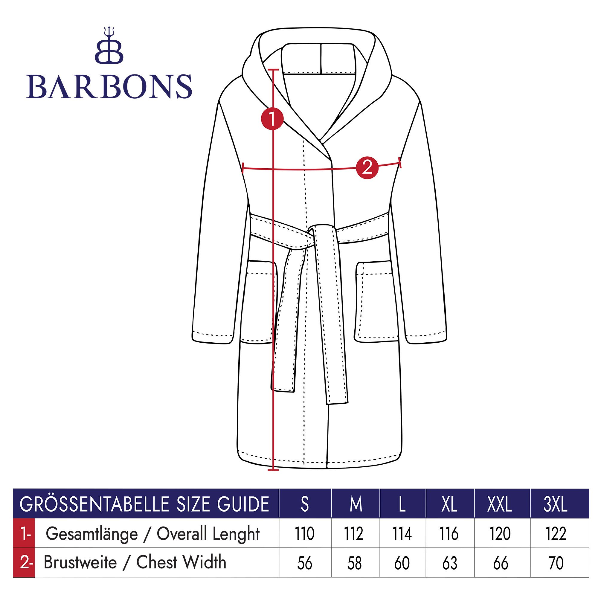 BARBONS Herrenbademantel Barbons Bademantel Herren, Morgenmantel Baumwolle mit Kapuze, Kapuze, Bindegürtel, Taschen, Gürtel, Langform, Walkfrottee, Kapuze, Gürtel, 2 Taschen, S-3XL