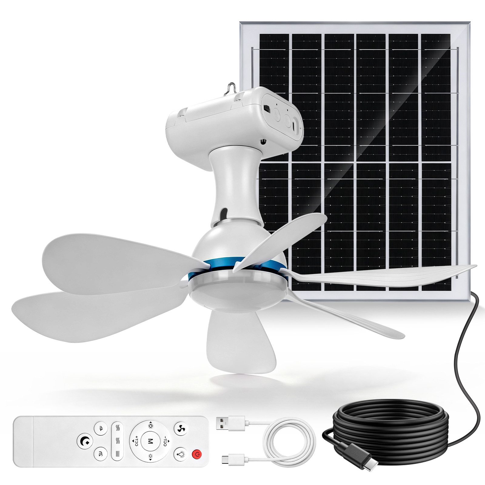 XERSEK Deckenventilator 13W Solarpanel & 6000mAh Akku Ventilator mit Dimmbar LED, Timer, FB, 3 Stufen Tragbarer Camping Deckenlampe mit Fan für Zelte Pavillon