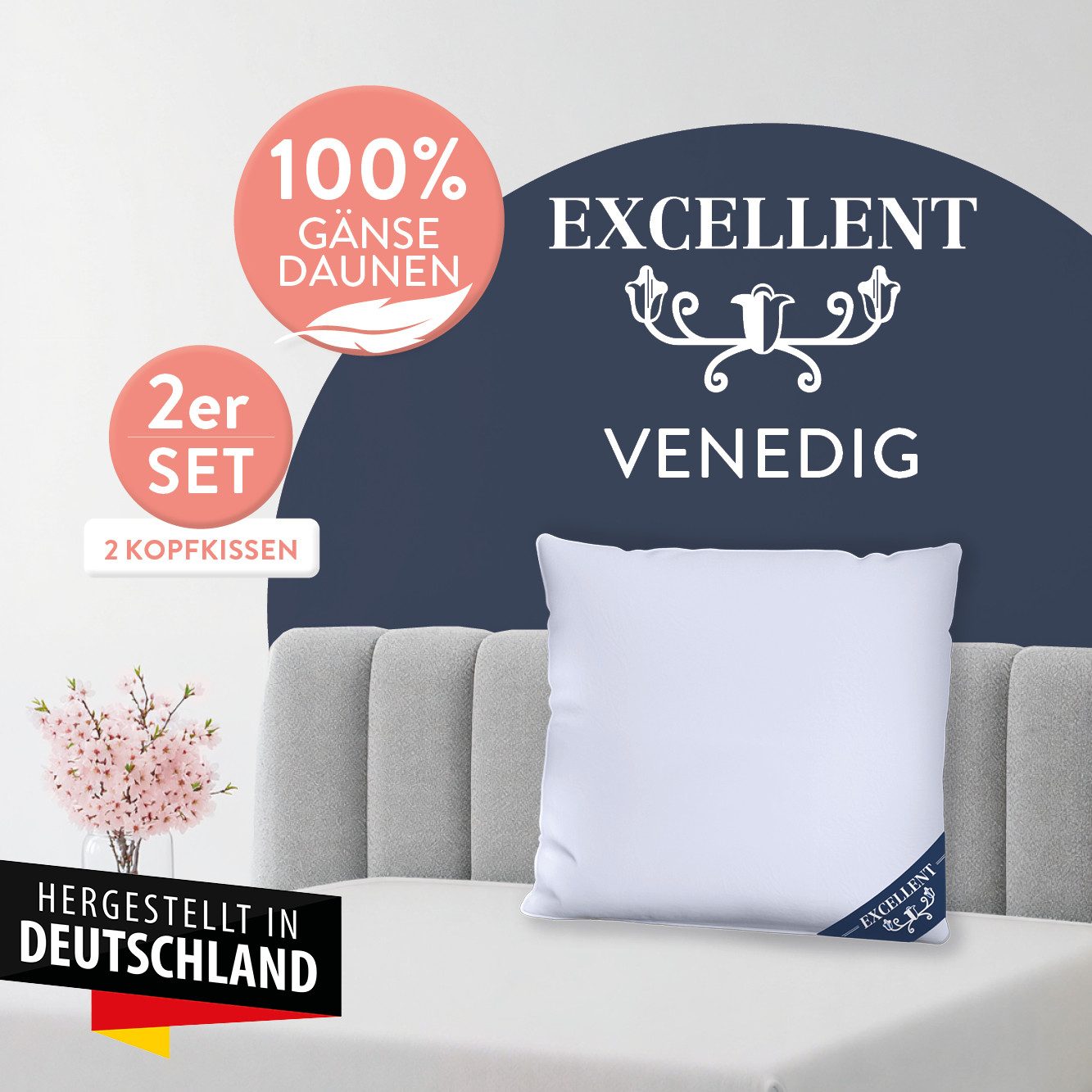 Excellent 3-Kammer-Kopfkissen Venedig, 3-Kammer-Kopfkissen Größenauswahl 40x40-80x80 cm, Füllung: weiße neue Gänsedaunen, Klasse I, 100% Daunen (Außen), weiße n – Bild 2 von 5