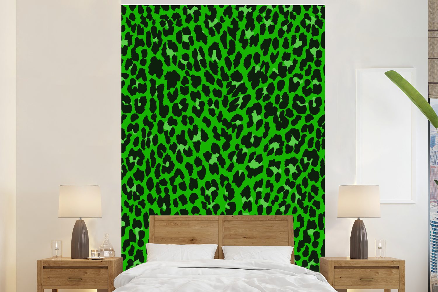 MuchoWow Fototapete Leopard - Muster - Grün, Matt, bedruckt, (3 St), Montagefertig Vinyl Tapete für Wohnzimmer, Wandtapete