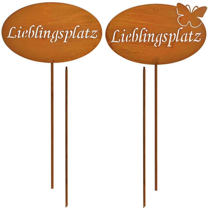 matches21 HOME & HOBBY Gartenfigur »Schild LIEBLINGSPLATZ ODER Schmetterling Metall Rostoptik 1 Stk 114 cm«, (1 St)