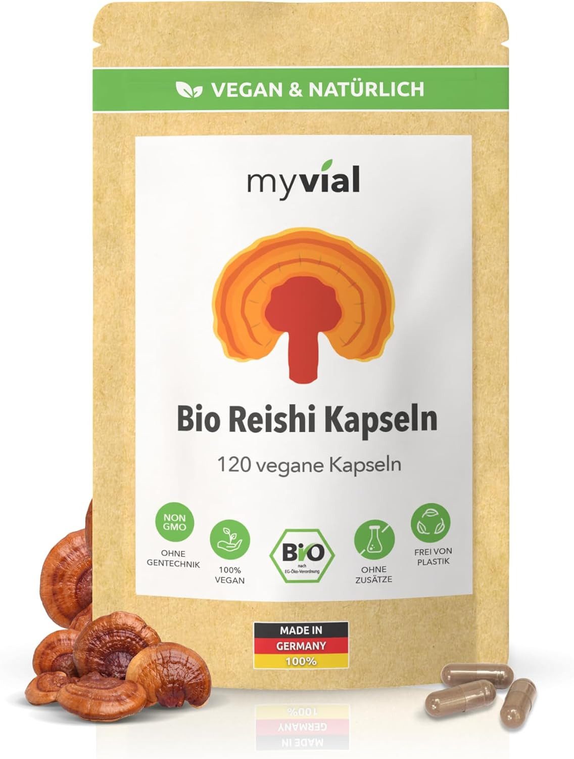 myvial Reine Bio Reishi Kapseln aus dem ganzen Fruchtkörper des Reishi-Pilzes Kapseln, vegane Kapseln, Ling Zhi, Glänzender Lackporling, Pilzpulver à 120 St., plastikfrei verpackt, 60 Tage Vorrat, höchste Qualität