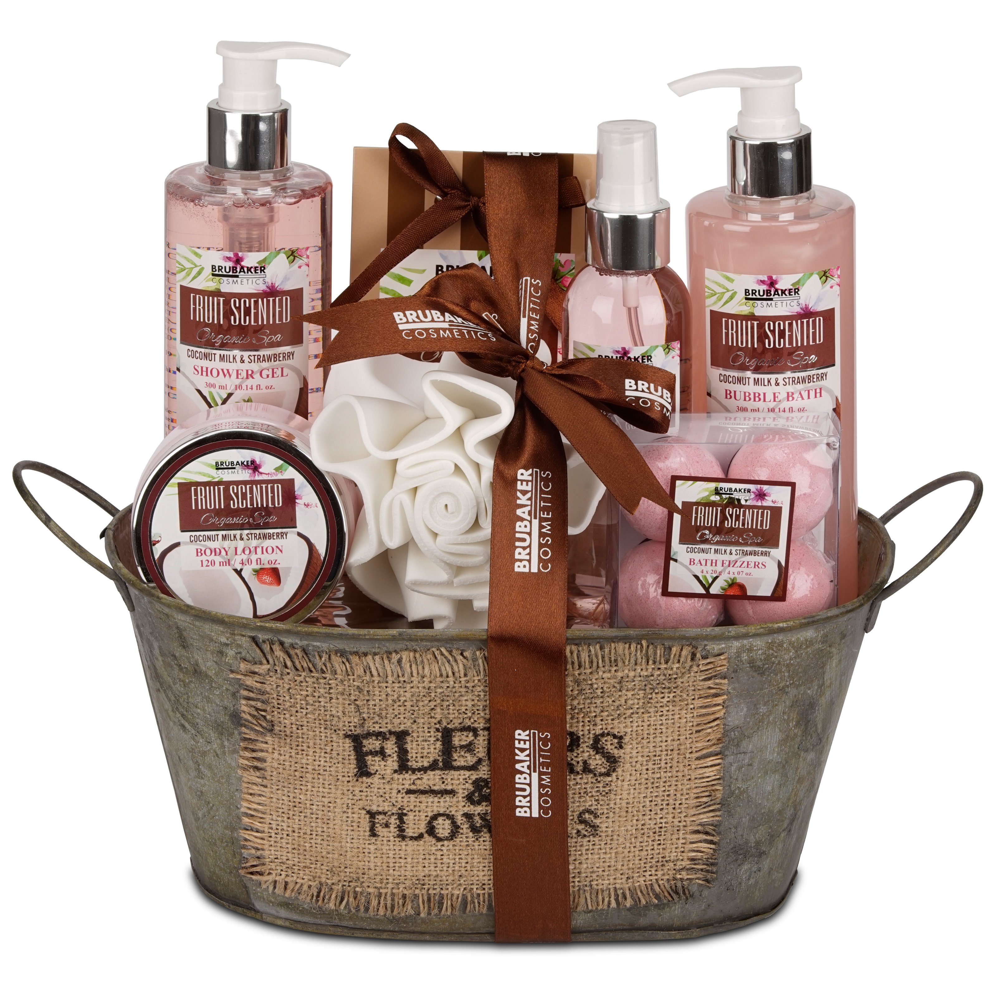 BRUBAKER Pflege-Geschenkset Dusch- und Badeset mit Kokosnuss & Erdbeer Duft Set, 11-tlg., Frauen Geschenk Set in Vintage Wanne, Wellness Pflegeset für Damen