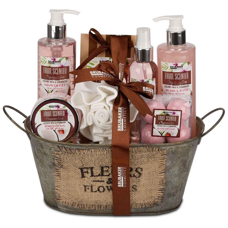 BRUBAKER Pflege-Geschenkset Dusch- und Badeset mit Kokosnuss & Erdbeer Duft Set, 11-tlg., Frauen Geschenk Set in Vintage Wanne, Wellness Pflegeset für Жінкам