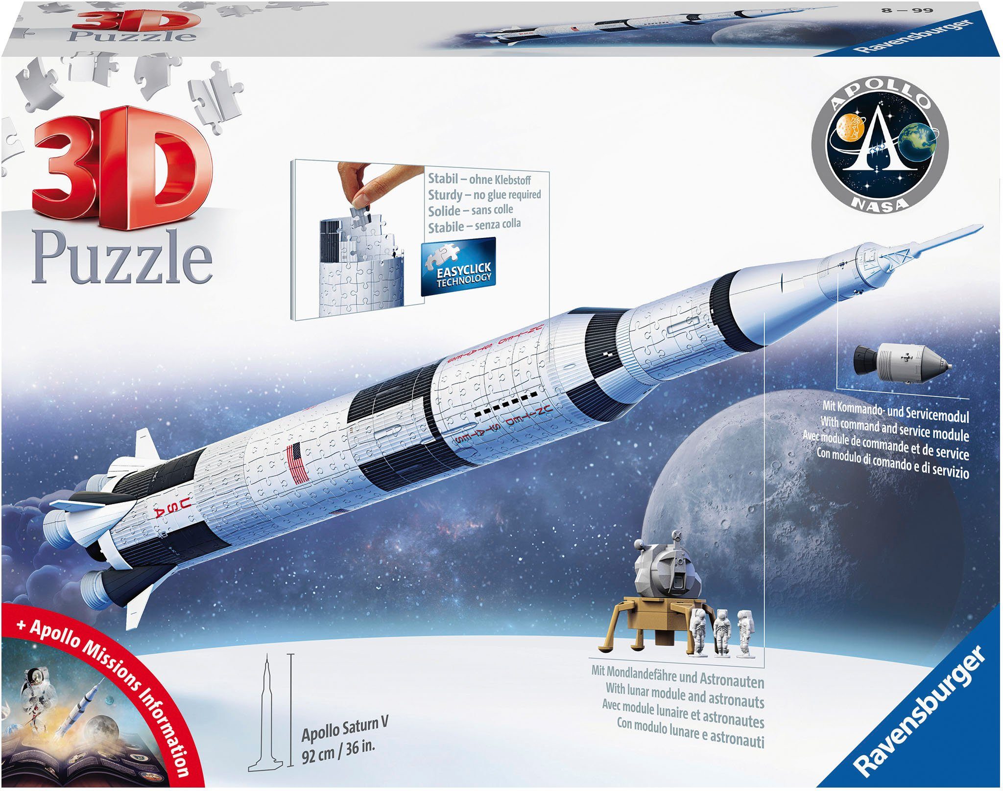 Ravensburger 3D-Puzzle Apollo Saturn V Rakete, 440 Puzzleteile, Made in Europe; FSC®- schützt Wald - weltweit | 3D-Puzzle