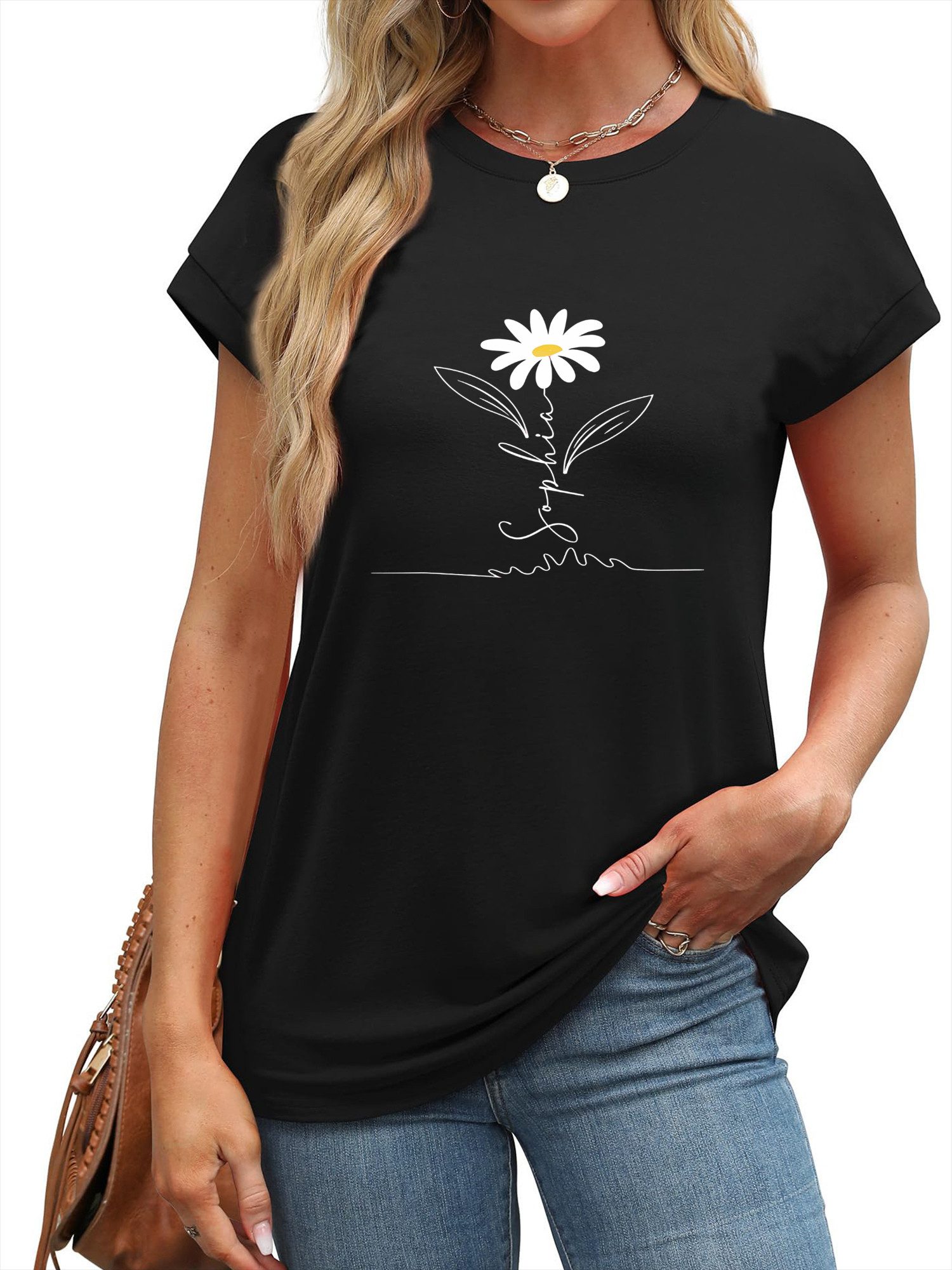 PYLIKE Carmenshirt Bequemes T-Shirt Damen Kappenärmel Shirt mit Gänseblümchen Print Modische Outfits Business Strand Urlaub Blusen Kleidung
