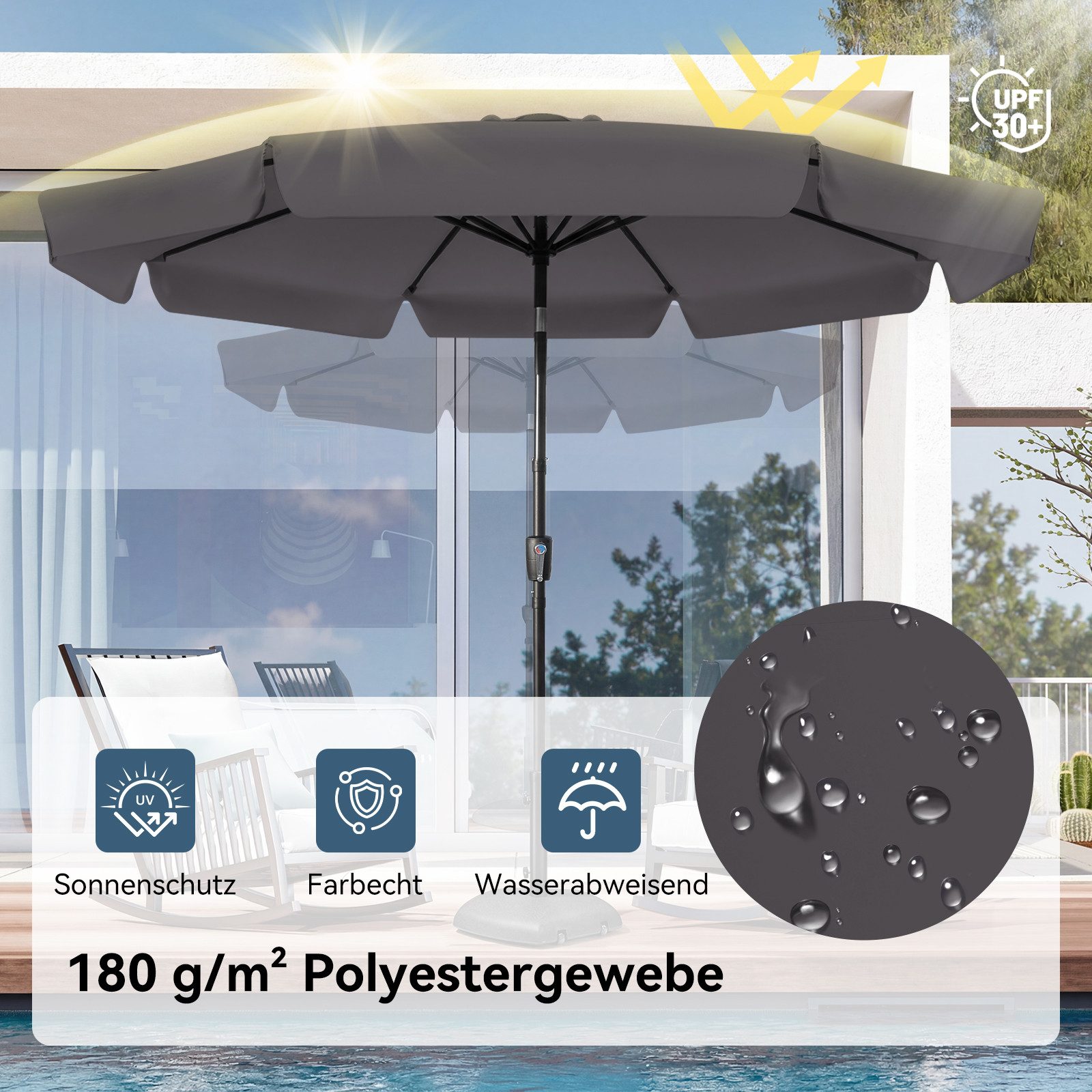 Puluomis Sonnenschirm Balkonschirm Strandschirm Gartenschirm Neigbar UPF 30+ mit Kurbel, 8 Rippen Windbeständig bis 15km/h Ohne Schirmtänder