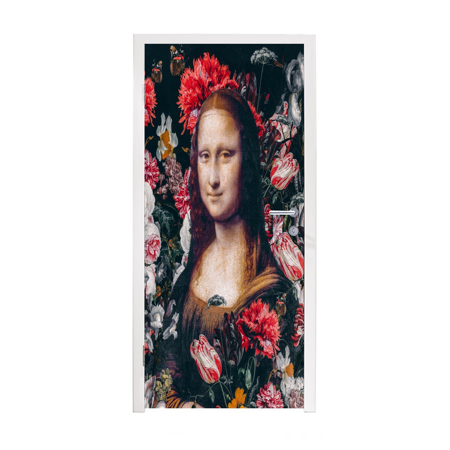 MuchoWow Türtapete Mona Lisa - Blumen - Da Vinci, Matt, bedruckt, (1 St), Fototapete für Tür, Türaufkleber, 75x205 cm