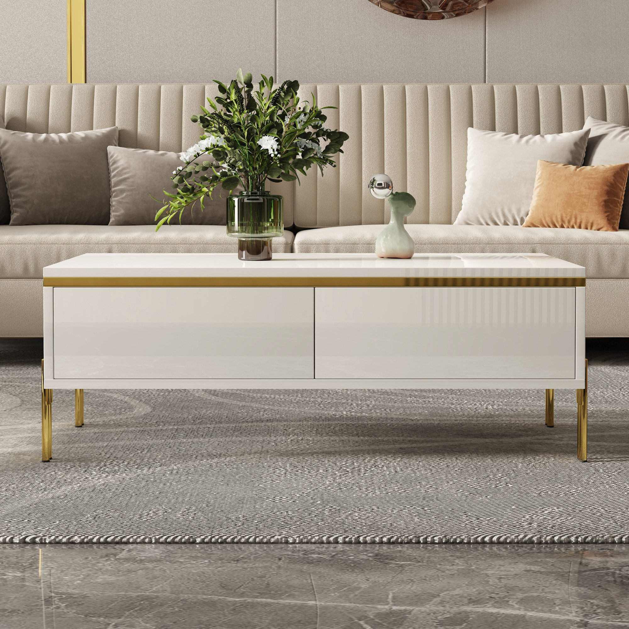 Merax Couchtisch hochglanz Sofatisch Beistelltisch mit goldenen Zierelementen (1-St), Wohnzimmertisch mit Doppelschubladen und Metallbeinen, 100x50x36cm – Bild 4 von 5