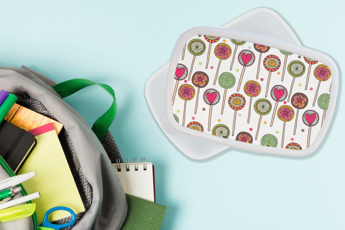 MuchoWow Lunchbox Muster - Lollipop (2-tlg), Jungs Kinder Süßigkeiten, weiß für Brotdose, - Herzen und und für Mädchen Kunststoff, Brotbox - Erwachsene