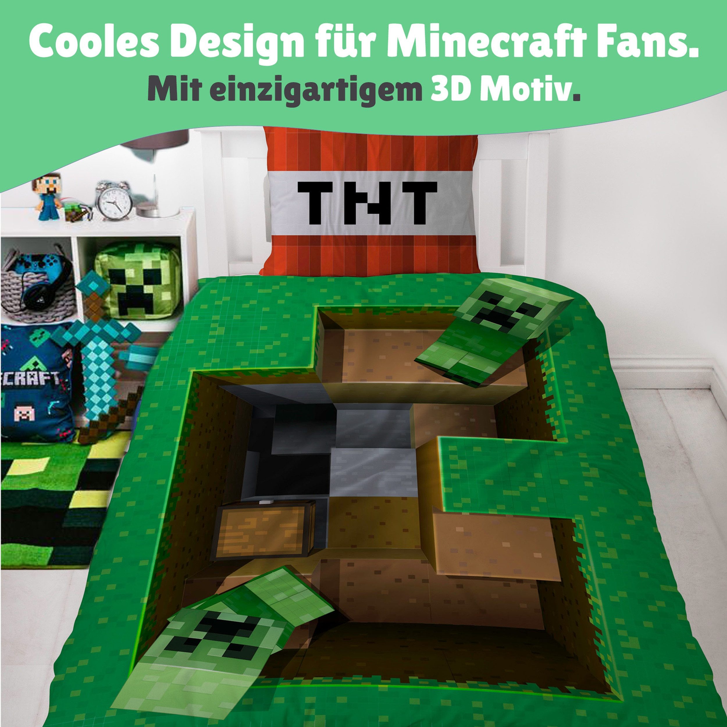 Familando Kinderbettwäsche Minecraft "Base" 135x200 + 80x80cm Gamingbettwäsche aus 100% Baumwolle, Renforcé, 2 teilig, mit 3D Motiv und Creeper Figuren – Bild 4 von 5