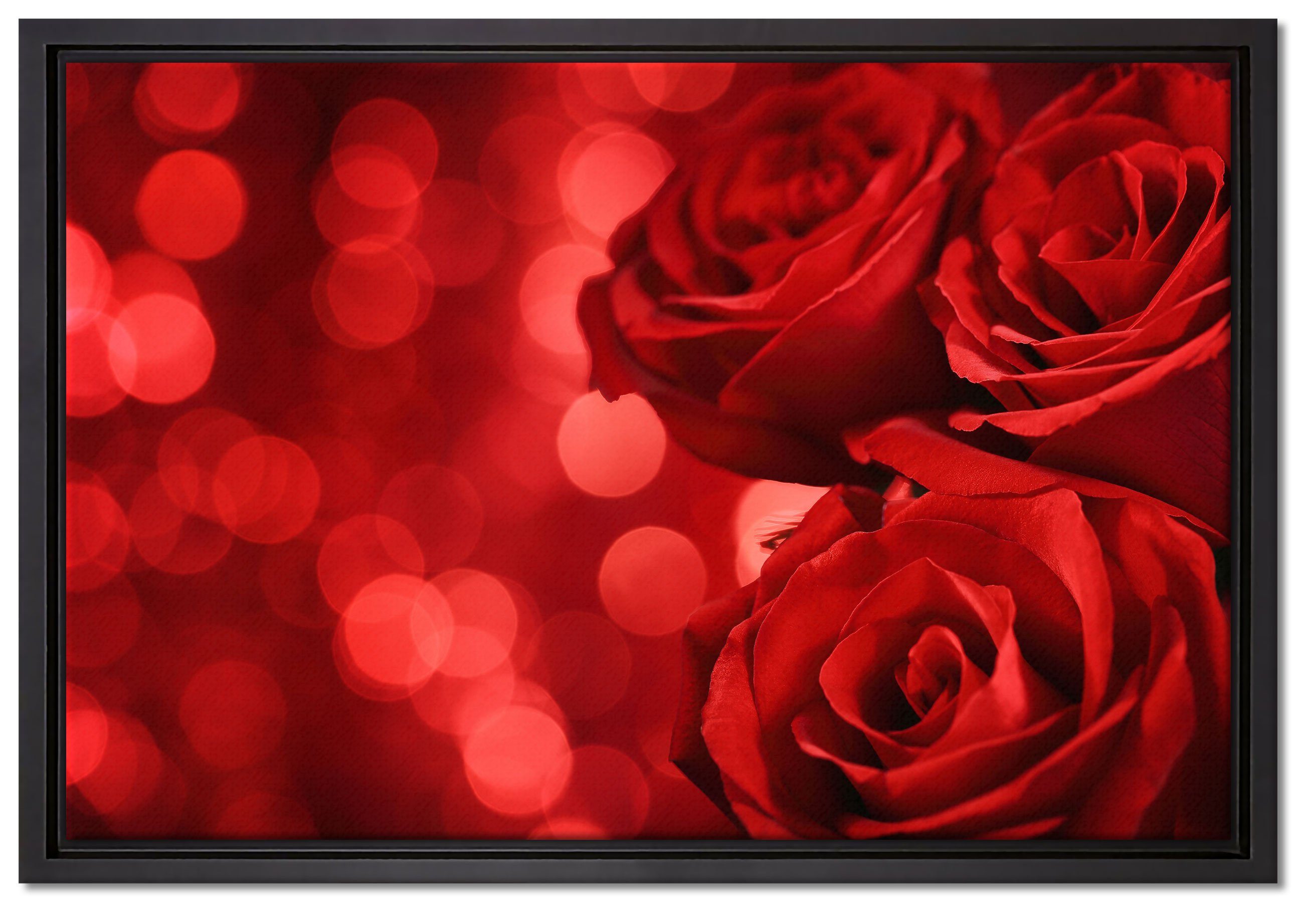 Pixxprint Leinwandbild Drei rote Rosen, Wanddekoration (1 St), Leinwandbild fertig bespannt, in einem Schattenfugen-Bilderrahmen gefasst, inkl. Zackenaufhänger