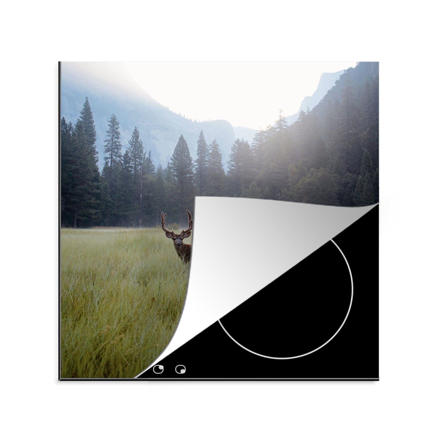 MuchoWow Herdblende-/Abdeckplatte Wald - Hirsche - Nebel, Vinyl, (1 tlg), 78x78 cm, Ceranfeldabdeckung, Arbeitsplatte für küche
