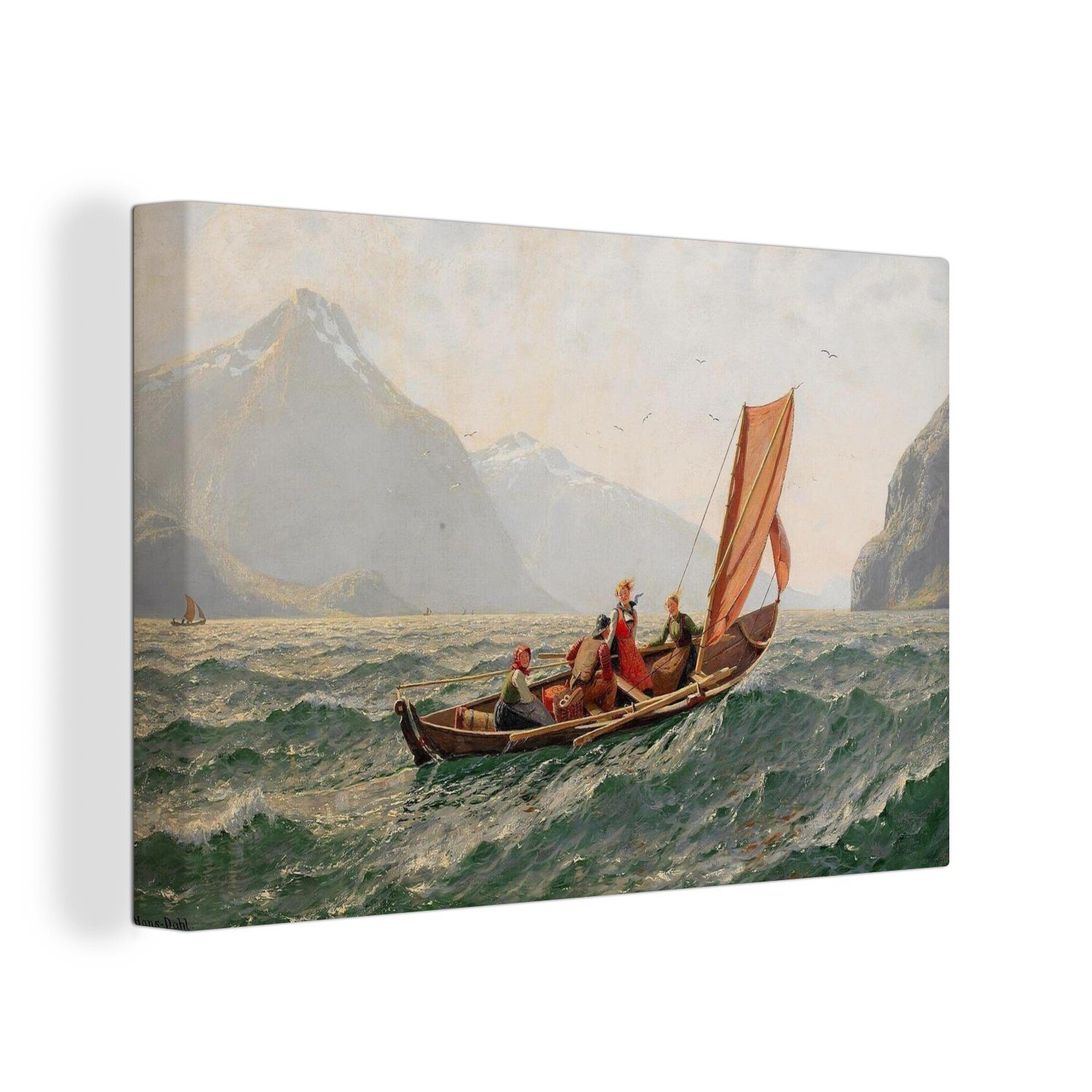 OneMillionCanvasses® Leinwandbild Fjord mit einem Segelboot - Hans Dahl Gemälde, (1 St), Wandbild Leinwandbilder, Aufhängefertig, Wanddeko, 30x20 cm