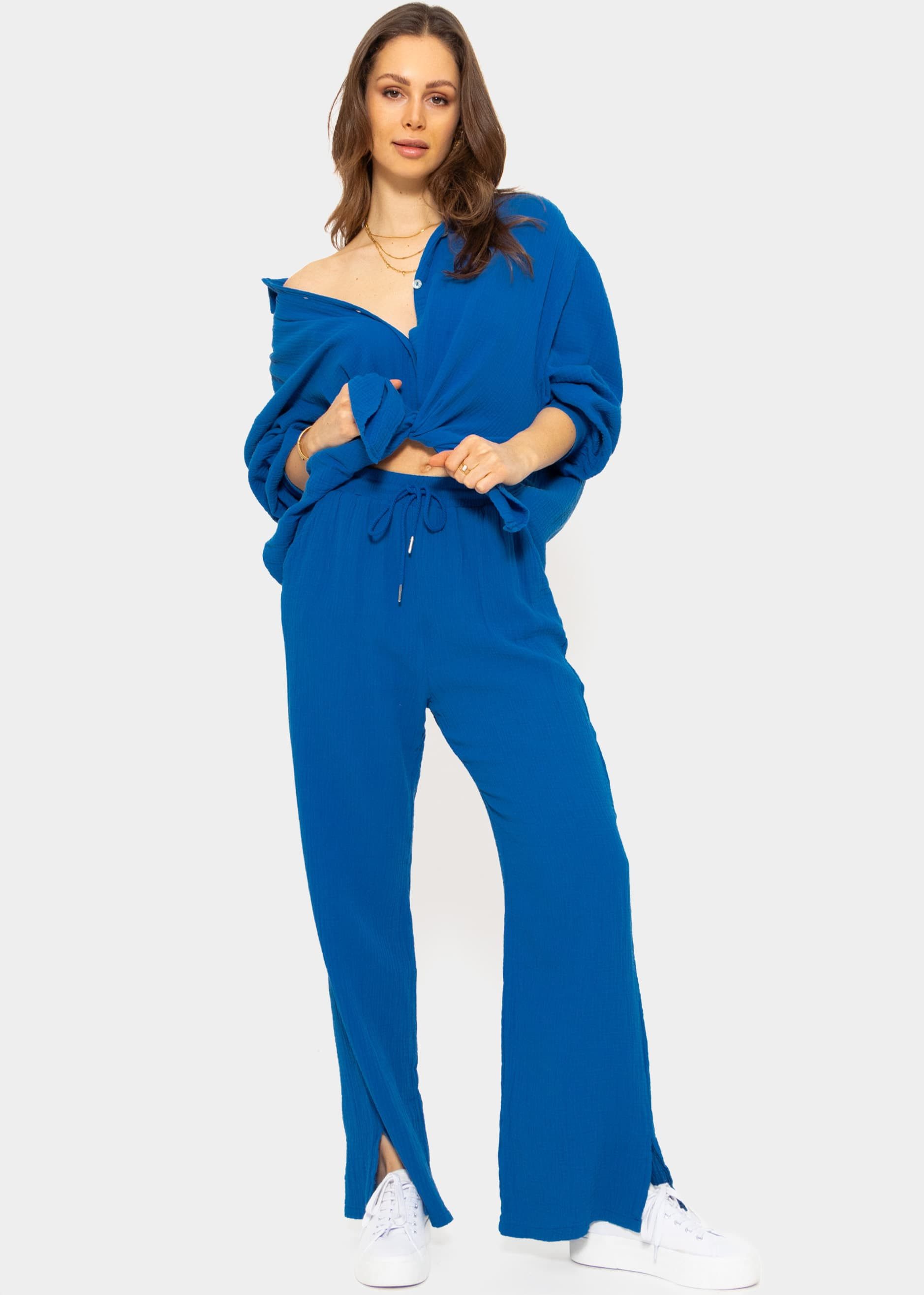 SASSYCLASSY Stoffhose Leichte Musselin Sommer Hose Damen Lang Lockere Musselinhose aus Baumwolle mit elastischem Bund Atmungsaktiv