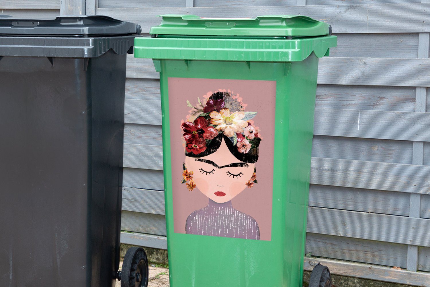 Mülleimer-aufkleber, Pastell St), - Frida MuchoWow Blumen - (1 Sticker, Kahlo - Container, Mülltonne, Wandsticker Frau - Abfalbehälter Kunst