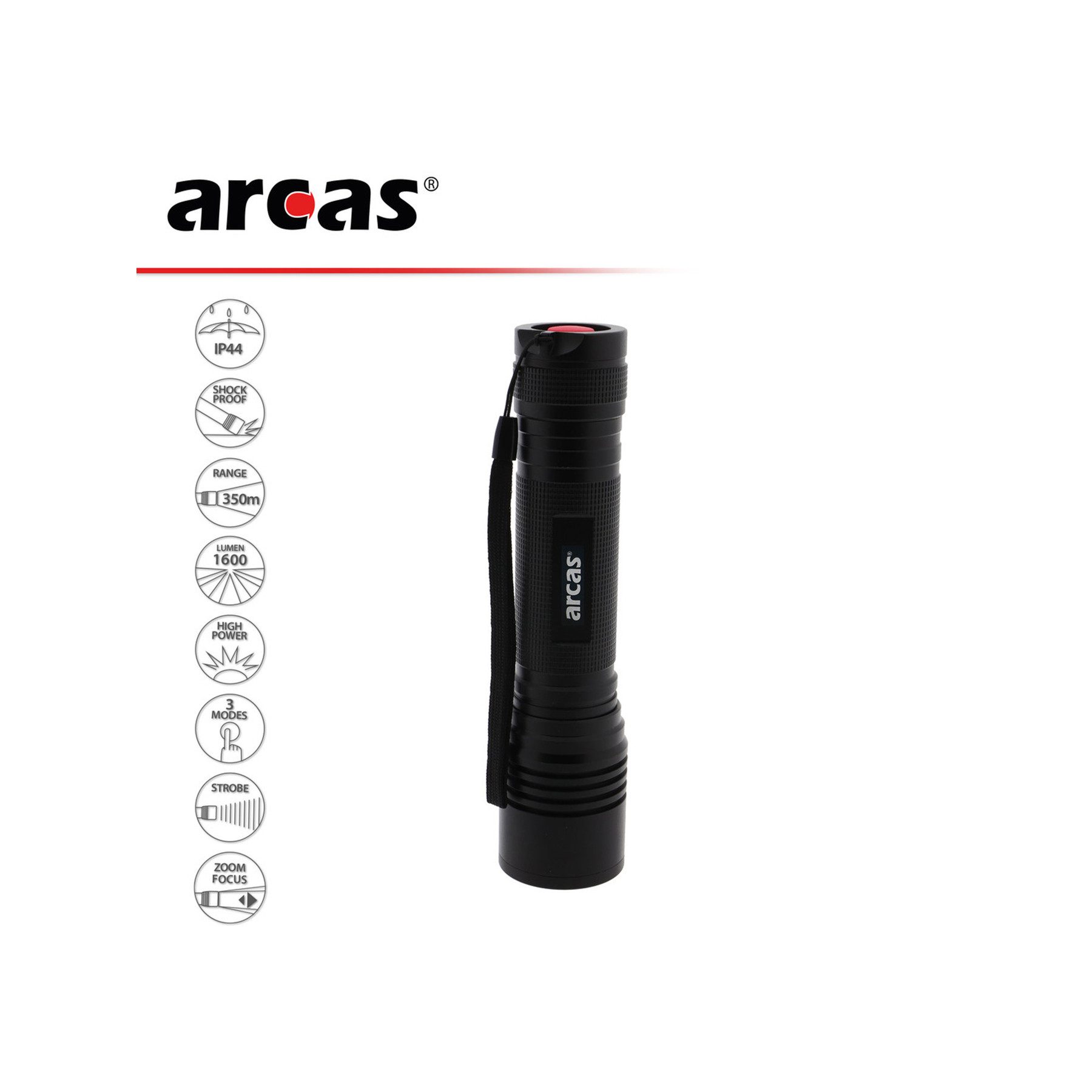 Arcas Taschenlampe ARCAS LED-Taschenlampe, 18 W, 1600 lm, Zoom, Aluminium, schwarz