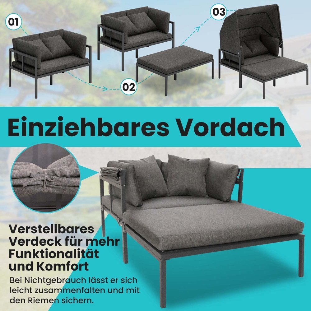 Melko Gartenlounge-Set Sonneninsel inkl. Sonnendach Strandkorb Sonnenliege Aluminium Grau, (wetterfest, resistent gegen Regen, Salzwasser und intensive Sonneneinstrahlung, 3-tlg., inkl. 2 extra dicke und weiche Kissen inkl. Reißverschluss), 2 Beistelltischen und verstellbarem Sonnendach für angenehmen Schatten