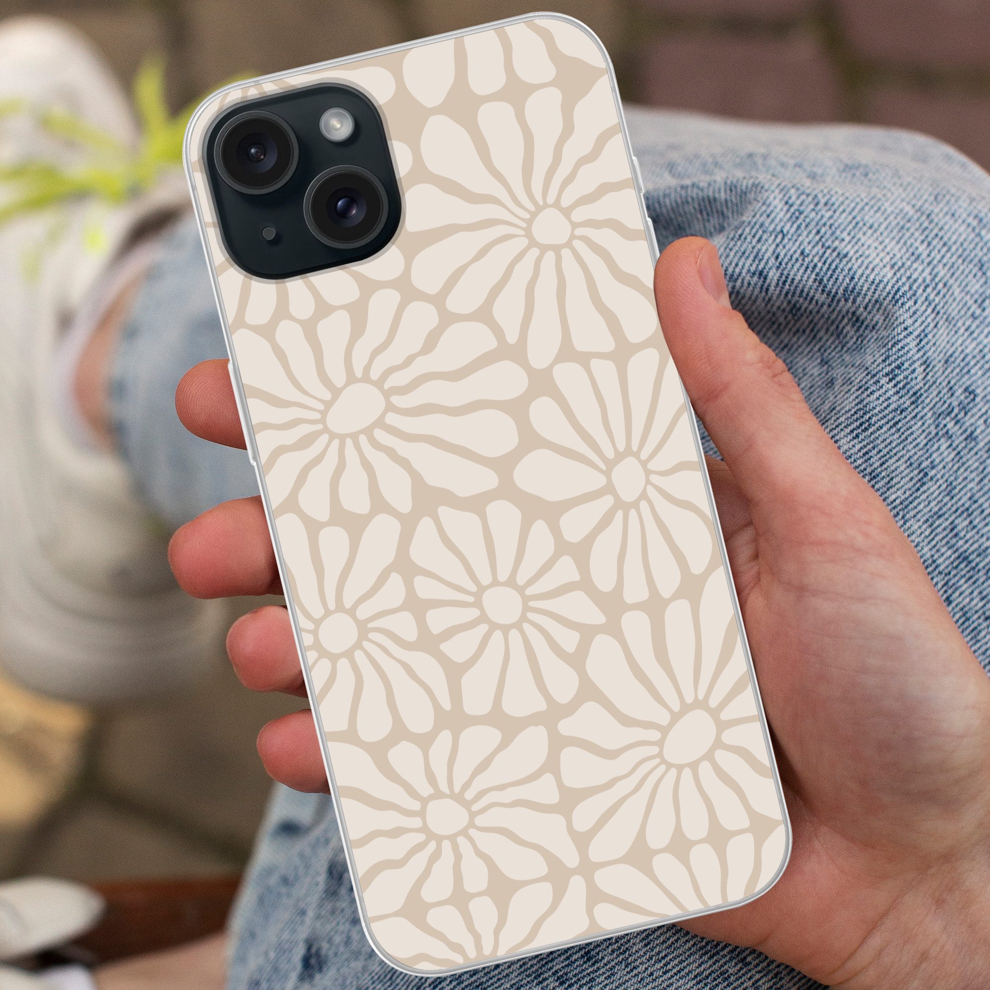 MuchoWow Handyhülle für Apple iPhone 15 Plus Floral - Druck - Beige - Braun - Minimalistis, Smartphone-Bumper, Print, Handy Schutzhülle Dünn