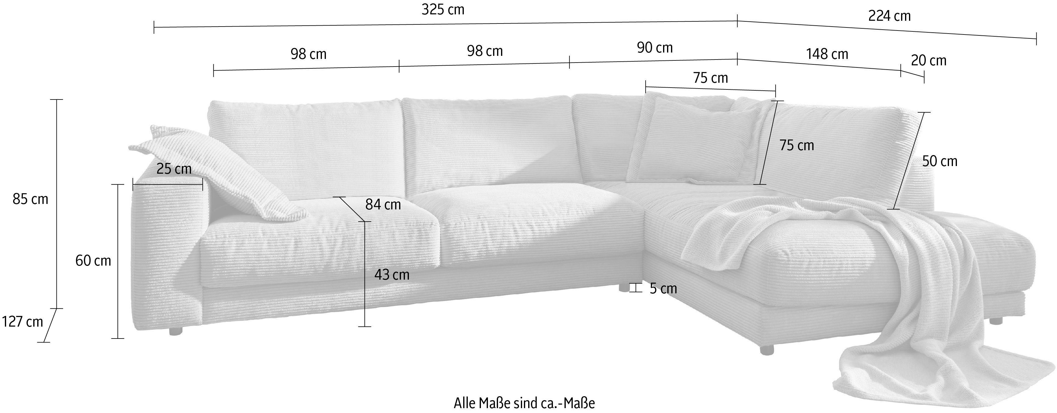 Ecksofa Candy in gemütlich, 2 Cord, mit Enisa, in 5 3C Bezug Farben, Kuschelig, hellgrau Zierkissen