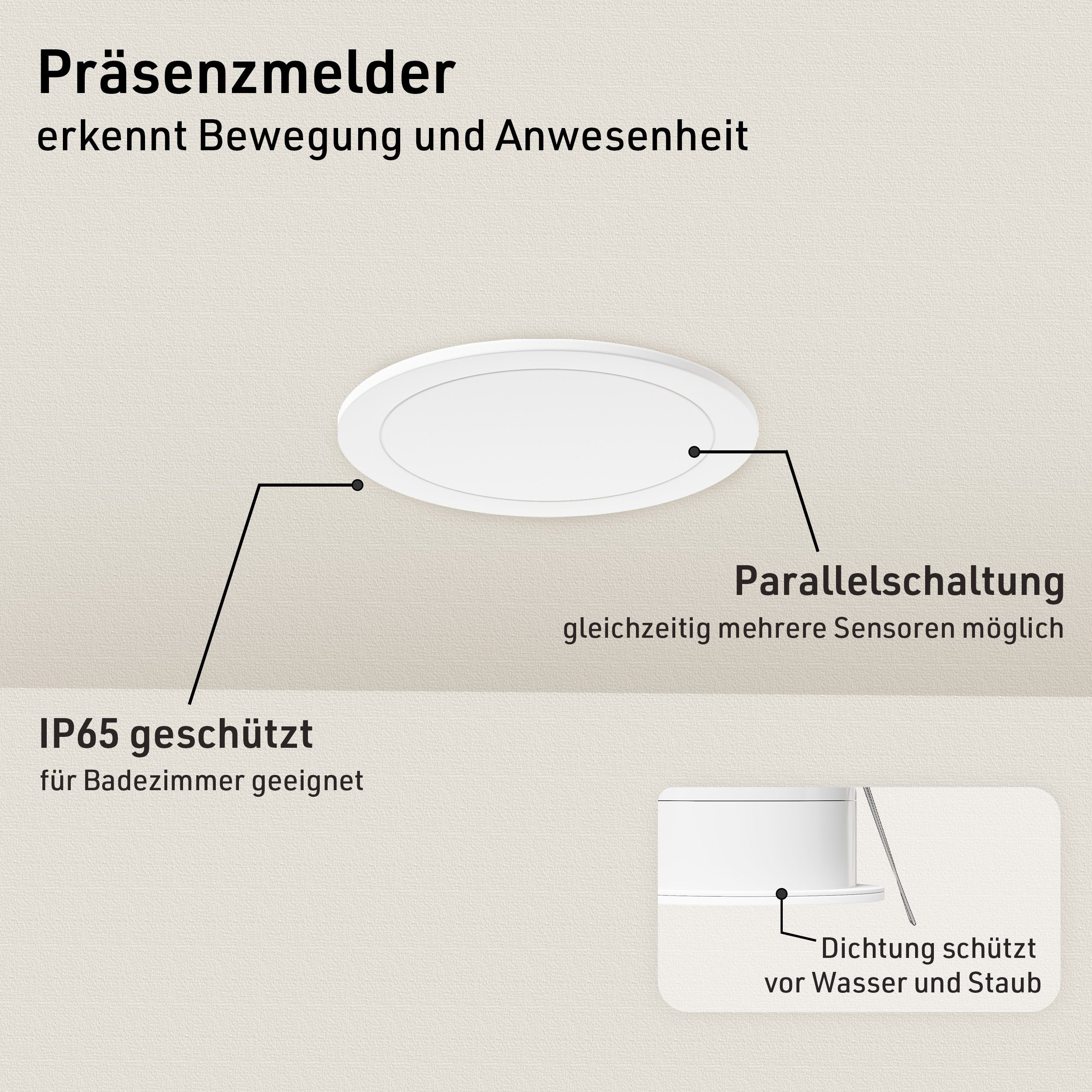 Oktaplex motion Bewegungsmelder Noa Präsenzmelder Decke 360 Grad 24GHz Radar Unterputz, (1-St), 6m Reichweite Badezimmer geeignet IP65 flach weiß