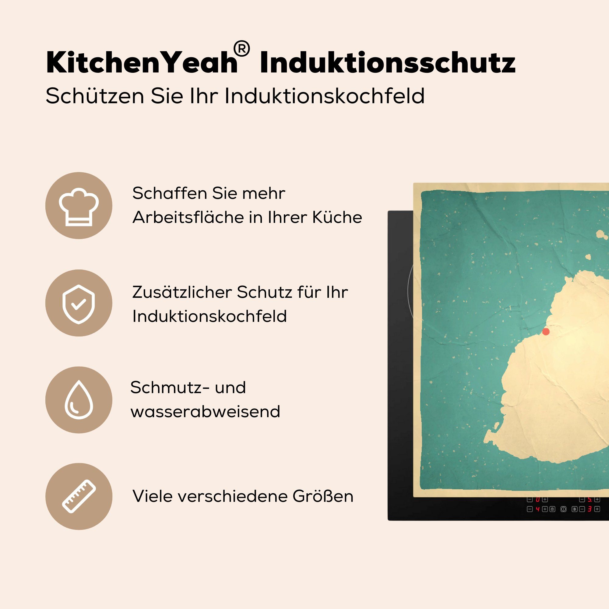 Illustration Eine Ceranfeldabdeckung, Herdblende-/Abdeckplatte Arbeitsplatte (1 cm, Mauritius MuchoWow Retro-Stil, küche für von 78x78 im Vinyl, tlg),