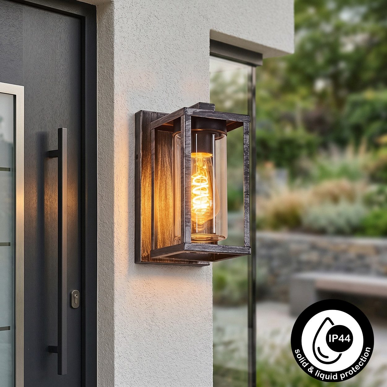 hofstein Außen-Wandleuchte Wandlampe im modernen Look, Metall/Glas in Schwarz-Silberfarben/Klar, ohne Leuchtmittel, Wandleuchte im Industrial-Design, Garten, 1 x E27, ohne Leuchtmittel