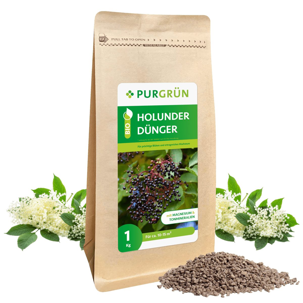 Gartendünger Purgrün Bio Holunder Dünger, NPK 6+3+8, Magnesium, 1 kg