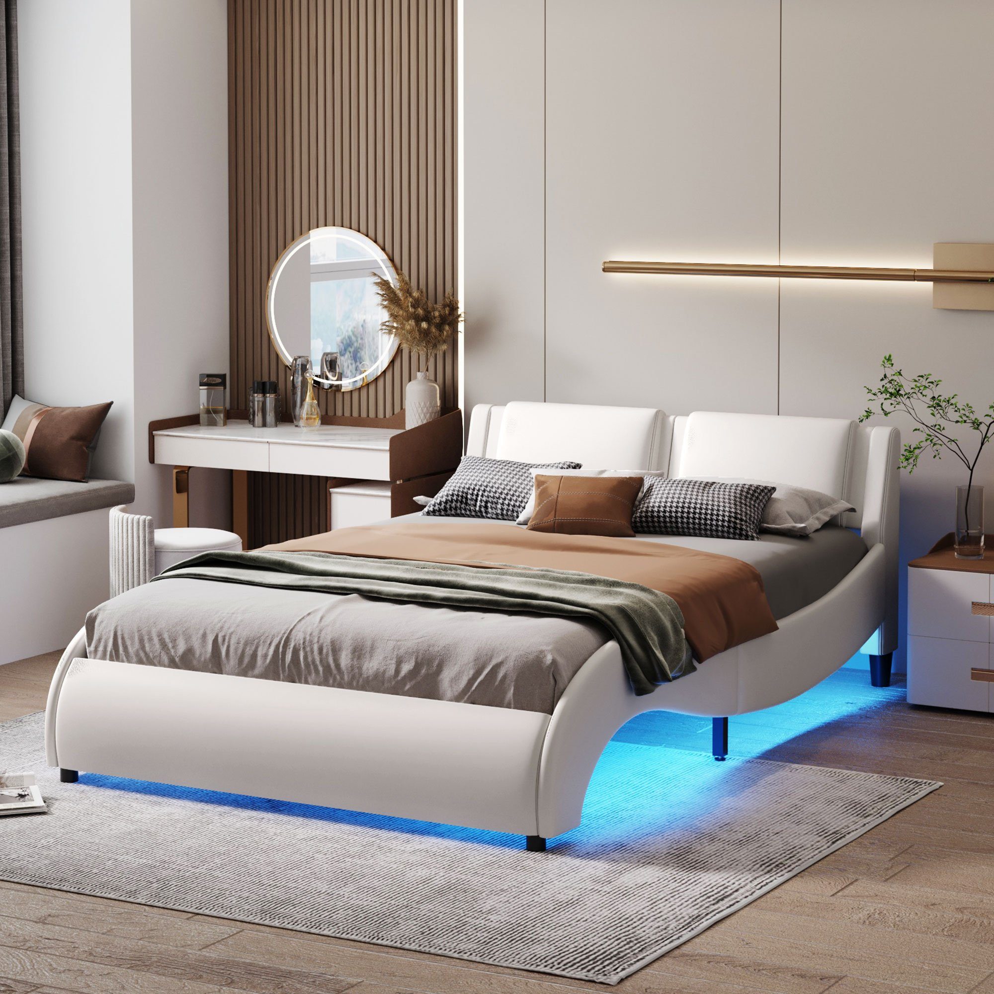 WISHDOR Polsterbett mit ohne Lattenrosten), LED-Lichtbettgestell Bett Gästebett Funktionsbett Doppelbett mit 140*200cm Weiß Matratze (Kunstlederbett