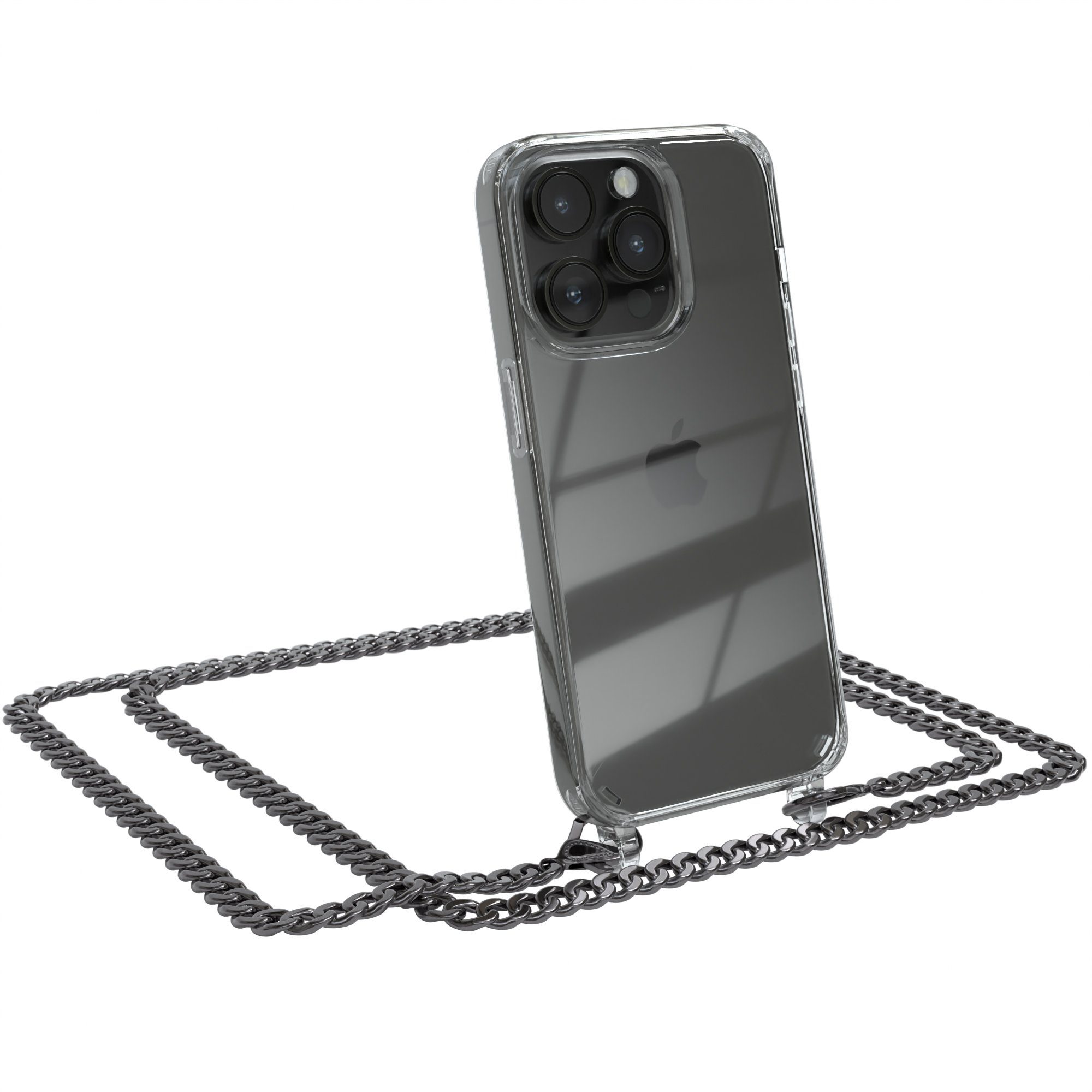 EAZY CASE Handykette 2in1 Metallkette für Apple iPhone 14 Pro 6,1 Zoll, Handykordel Kette zum Umhängen Cross Bag Schutzhülle Anthrazit Grau