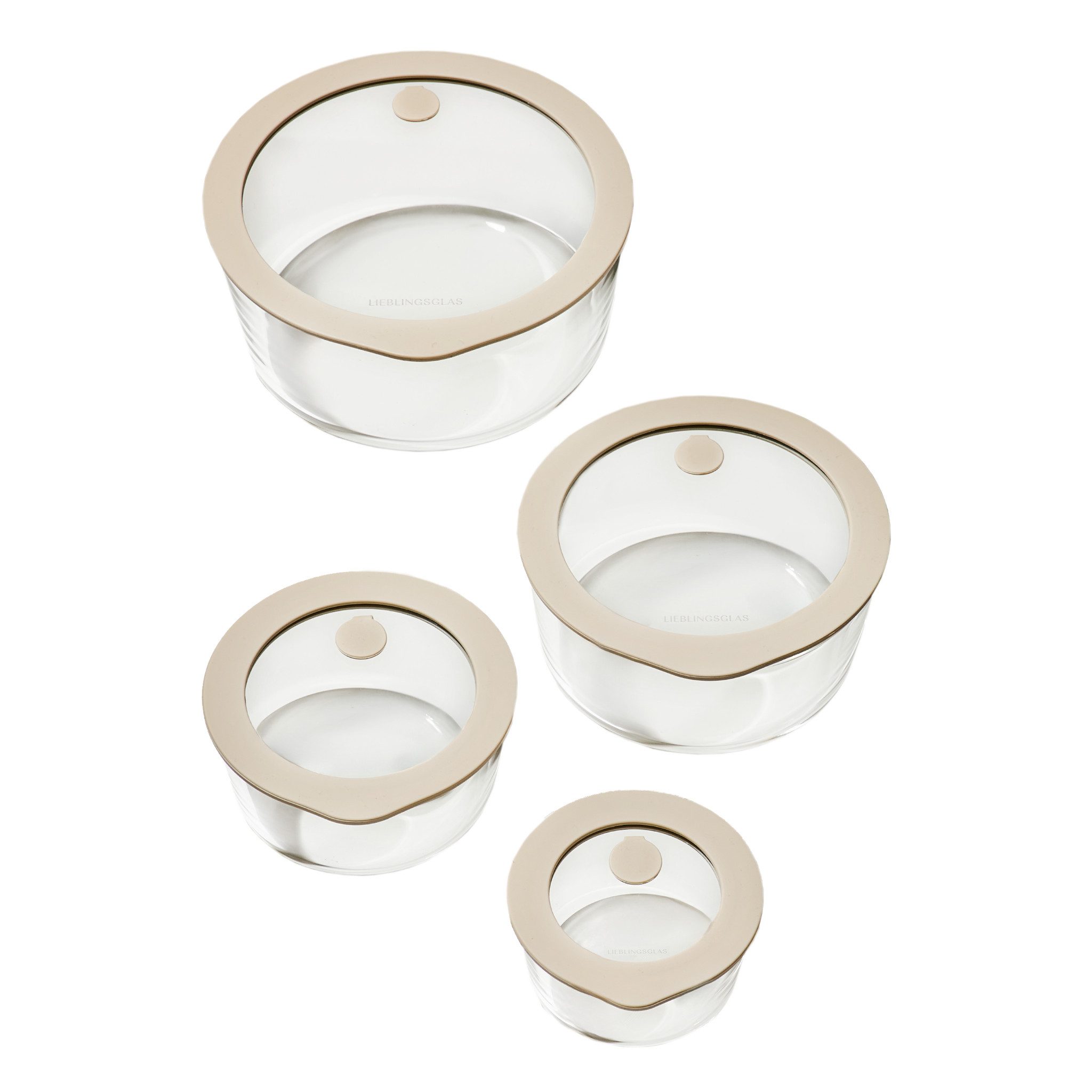 Lieblingsglas Frischhaltedose Glas Frischhaltedosen, Rund, 4er Set, Borosilikatglas, (Set, 4-tlg., 4 Größen: XS, S, M & L), inkl. Glasdeckel mit Ventil und Silikonrand