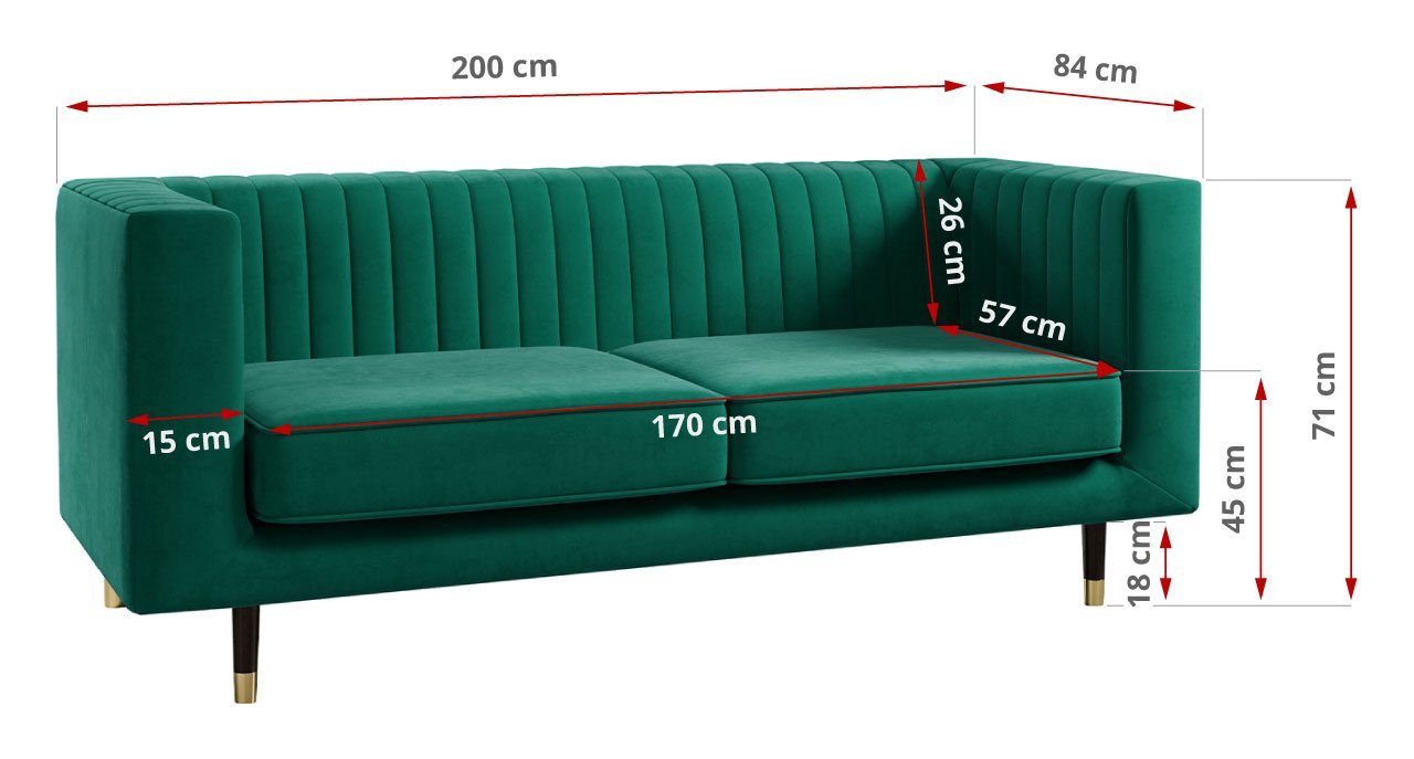 Dunkelgrün Loungemöbel modischen 1, 2 ELMO MKS Beinen, Möbelset hohen mit Stil, Kronos MÖBEL Sofa 3 im