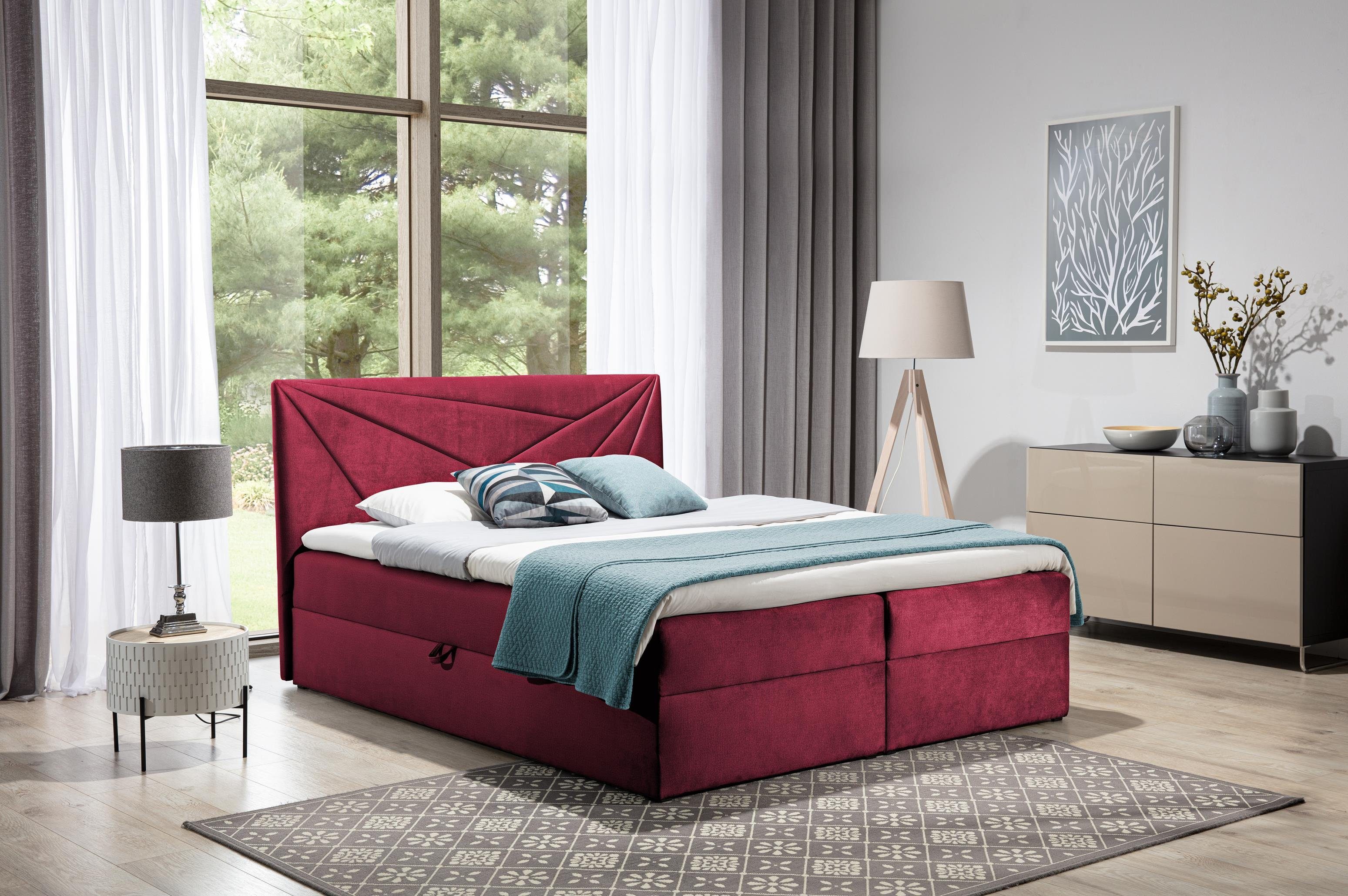 Furnix Boxspringbett TREZO 5 120x200 Doppelbett mit Bettkasten und Topper, pflegeleichte hochwertige Stoffe Rot